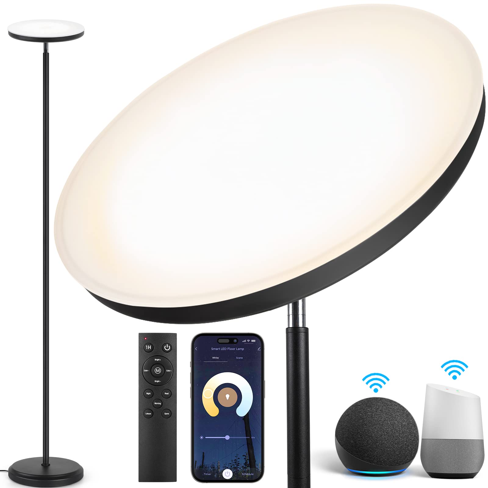 OUTON Smart LED Floor Lamp, 30W/3000LM, Dimmable, Matte Black, Model FL01WIFI, Compatible with Alexa/Google Home