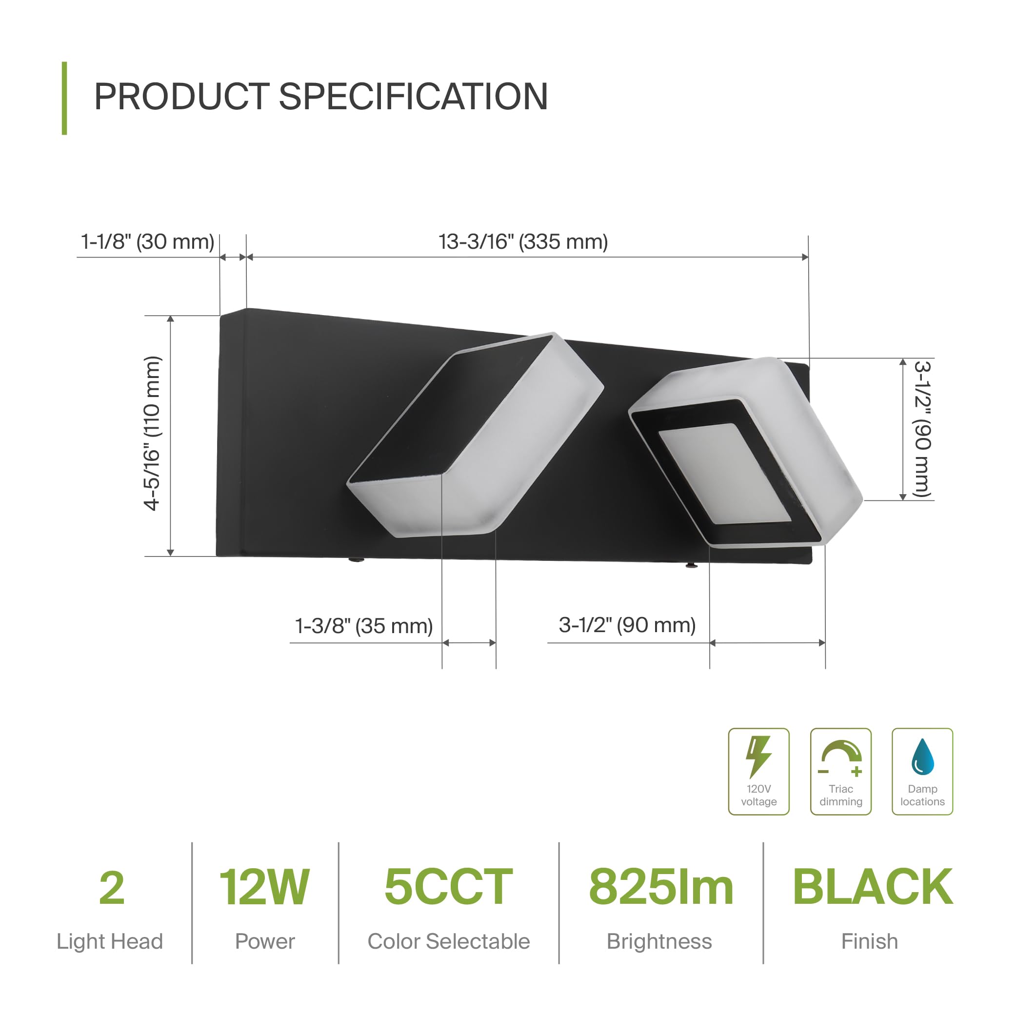 ASD LED Bathroom Vanity Light, 2-Lights, Dimmable, Rotatable, 12W, 820LM, Black, 4 Pack, Model A-LVF25M-2
