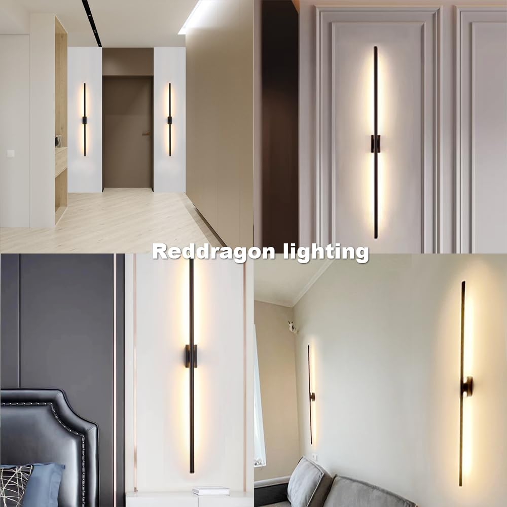 Reddragon Lighting 48" Dimmable Black LED Wall Sconce - Set of 2 Minimalist Iron Vanity Light for Living Room, Corridor, Bathroom, Bedroom