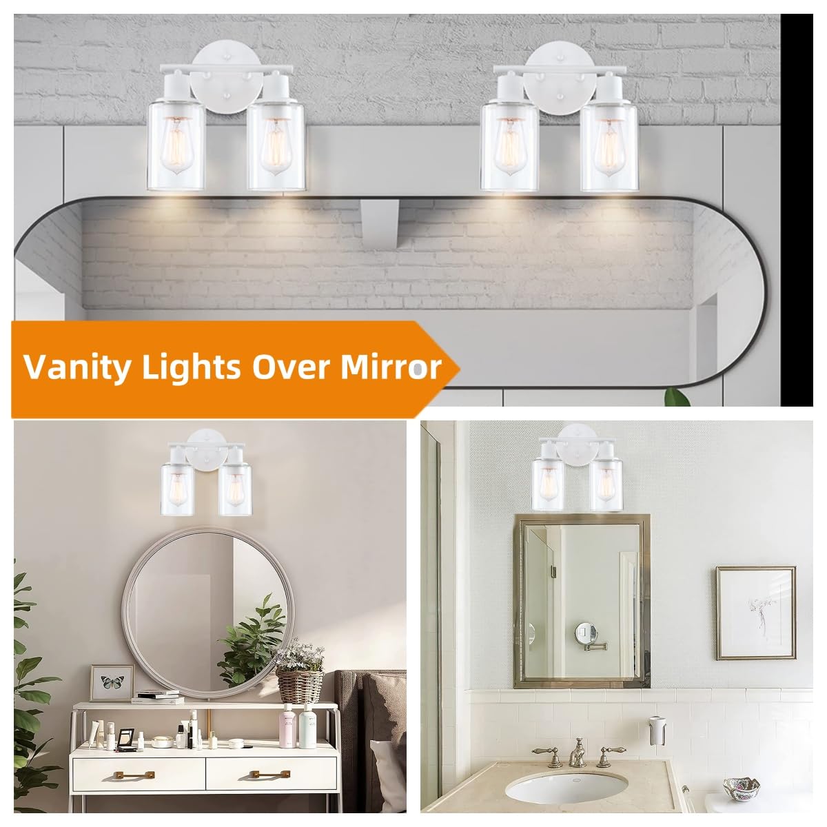 WISBEAM 2-Light Bathroom Vanity Light Fixture, Glass Shade, E26 Base, Model WS-VNT003, White