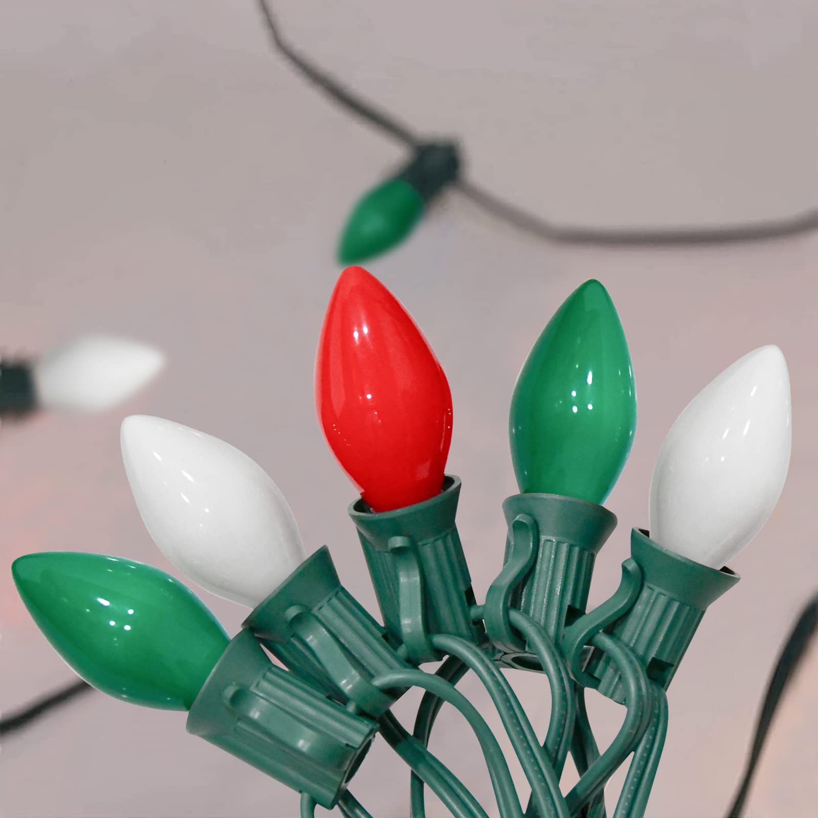 25Ft Christmas Lights Outdoor, C7 Vintage Christmas Lights with 27 Red White and Green Ceramic Bulbs, Hanging Outdoor Christmas 