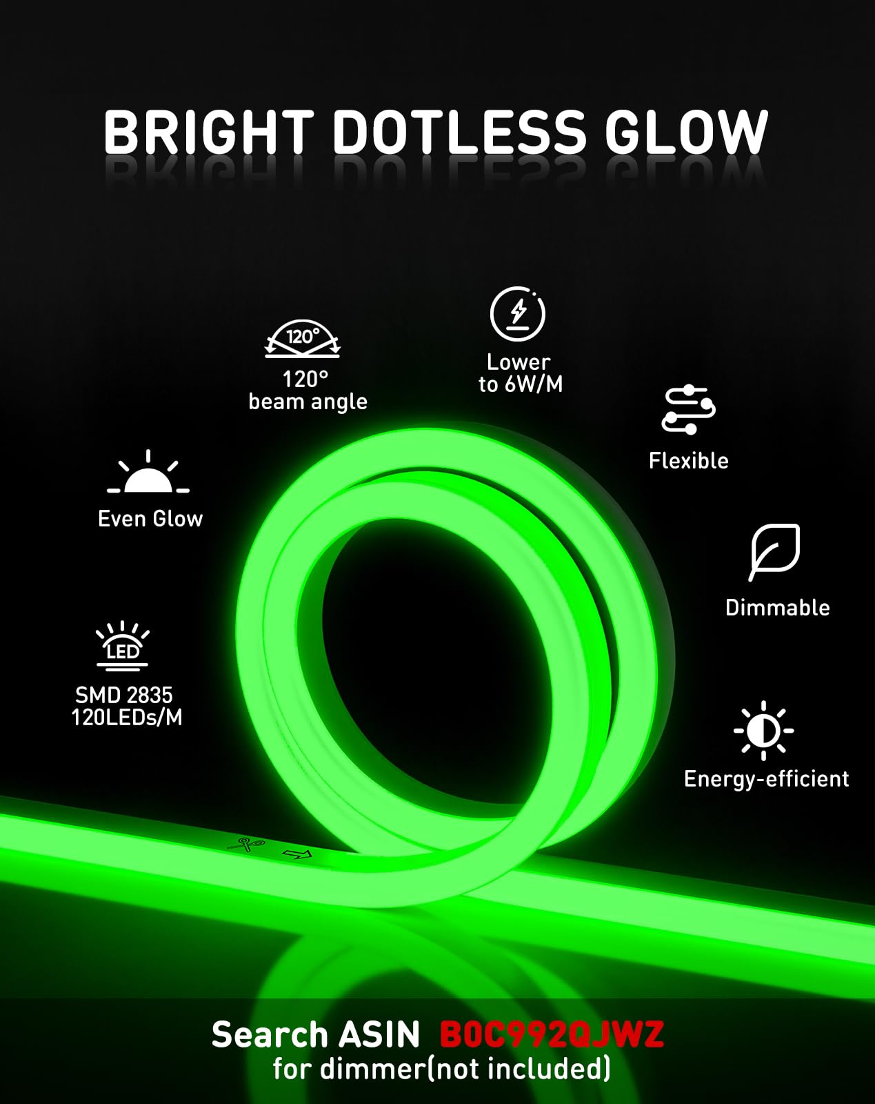 Shine Decor LED Neon Rope Lights, Waterproof 32.8FT Green, PVC, 120 LEDs/M, AC 110V/120V, Connectable for Home & Commercial Use