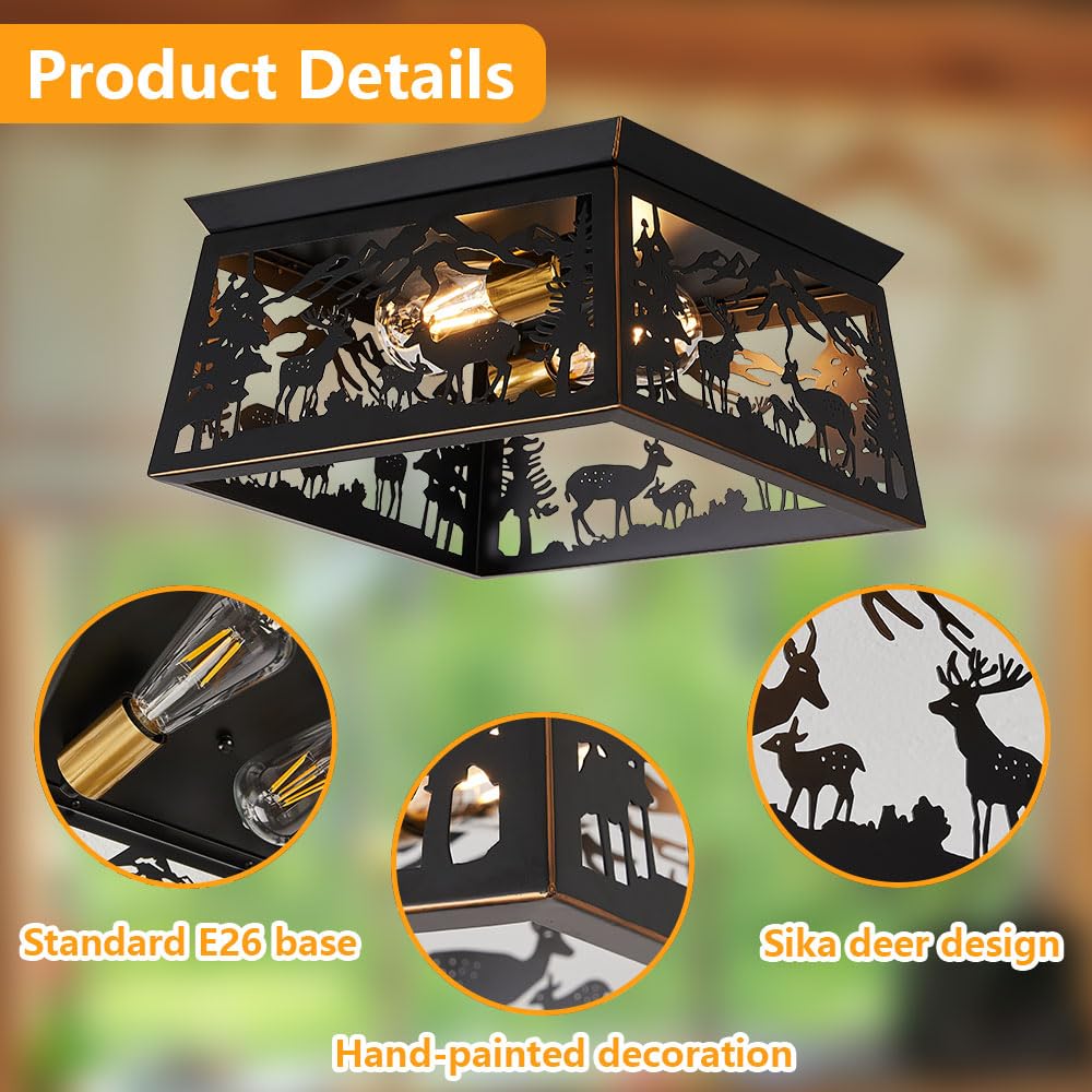 Black Semi Flush Mount Ceiling Light Fixture, Rustic Cabin Deer Ceiling Light Fixture, Metal Country Farmhouse Ceiling Lamp For