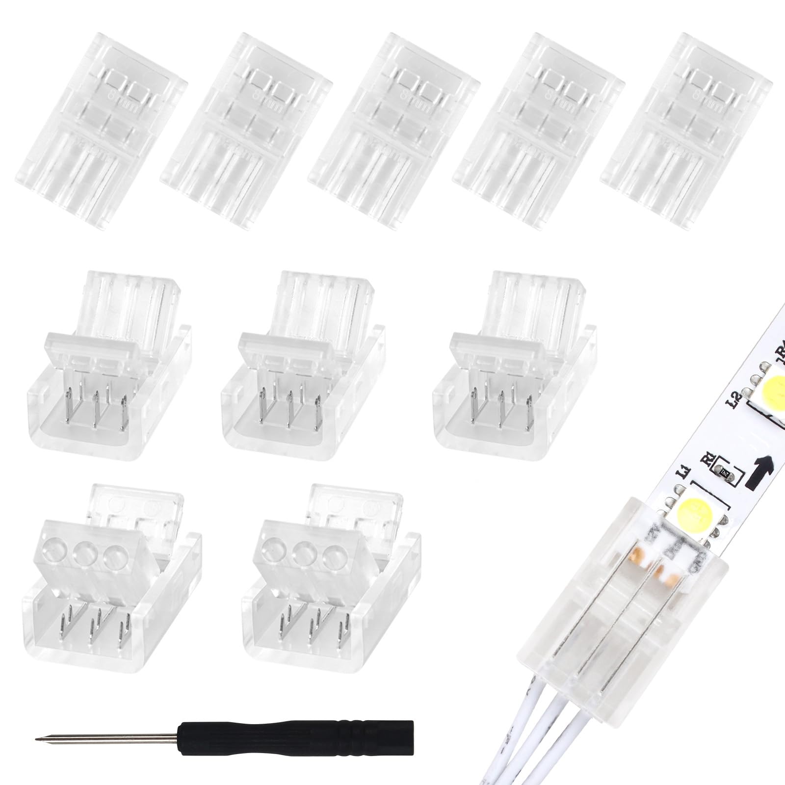 RGBZONE 10Pcs 3 Pin 8mm LED Band Connectors Gapless Solderless Band to Wire Quick Connector Universal for 8mm Waterproof and Non-Waterproof WS2811 WS2812B LED Band Lights