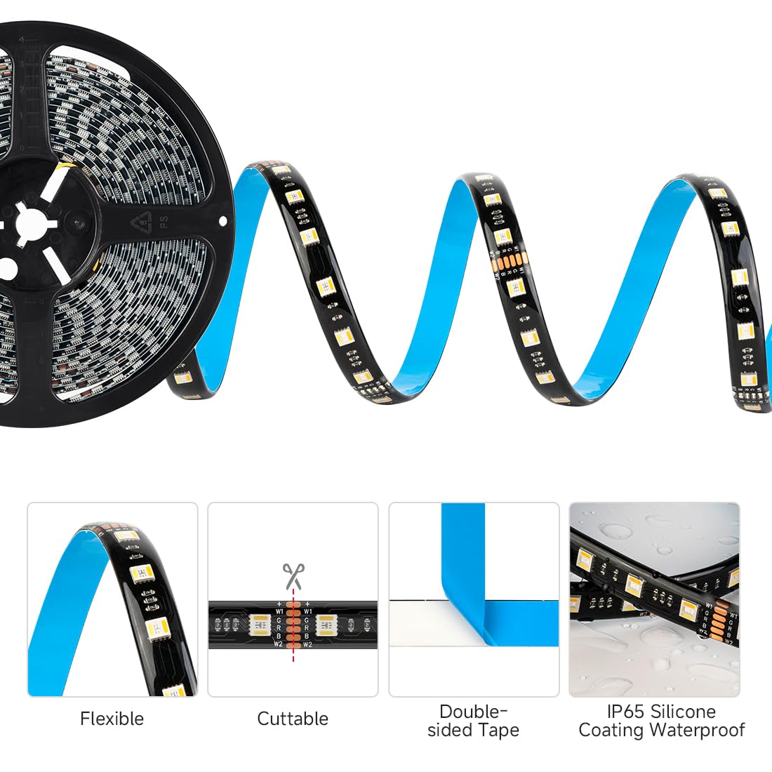 BTF-LIGHTING RGBWW LED Strip Light, 300 LEDs, IP65, Dimmable, 16.4ft, 2700K-6500K, Black PCB, Model