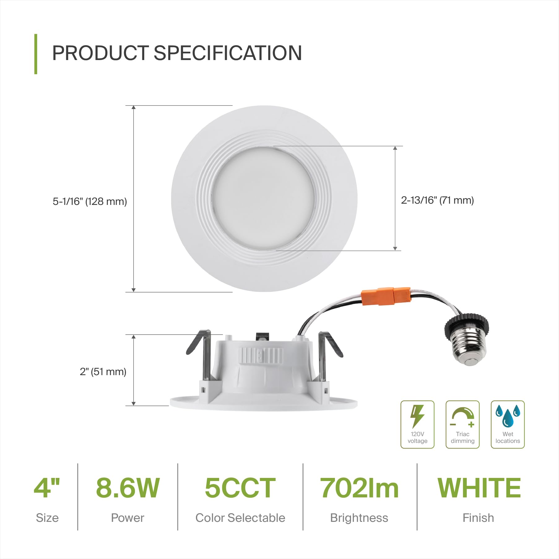 ASD LED Recessed Lighting 4 Inch 9W 700 Lm Dimmable Wet Rated Adjustable 2700K-5000K White Aluminum Model A-LRKR-4D