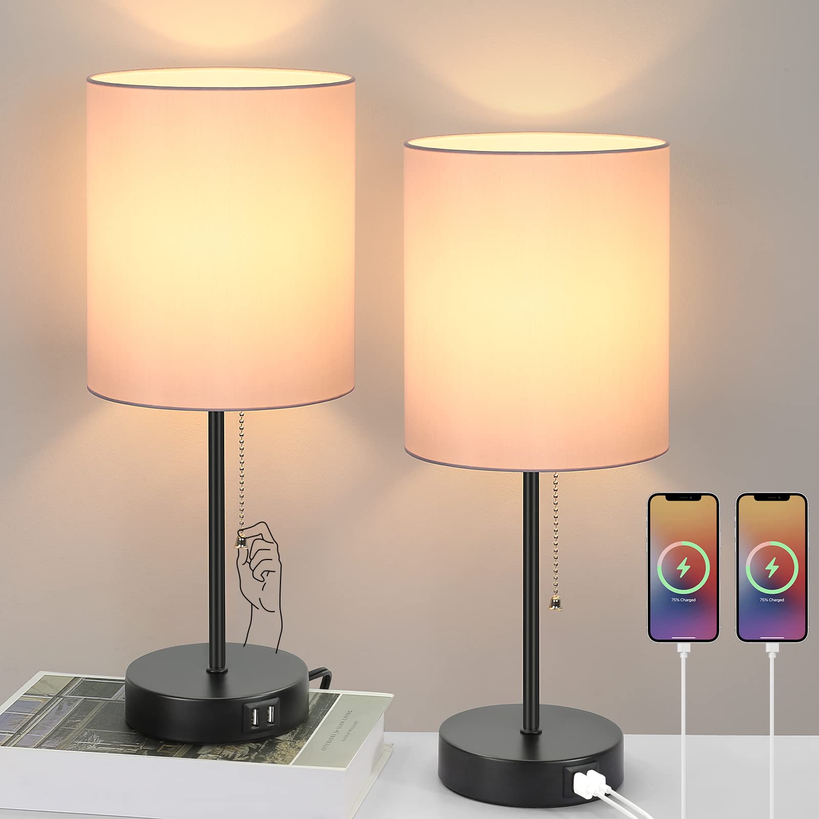 Table Lamps Set of 2 with USB Charging Ports, Pink Bedside Lamps with AC Outlet, Nightstand Lamps with Pull Chain Switch, Minima