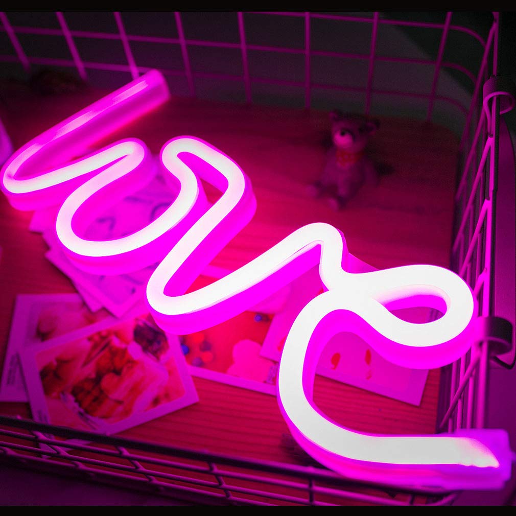 Mortime Pink Love Led Neon Light Sign - Party Decor, Girls Room Accessory, Table Decoration