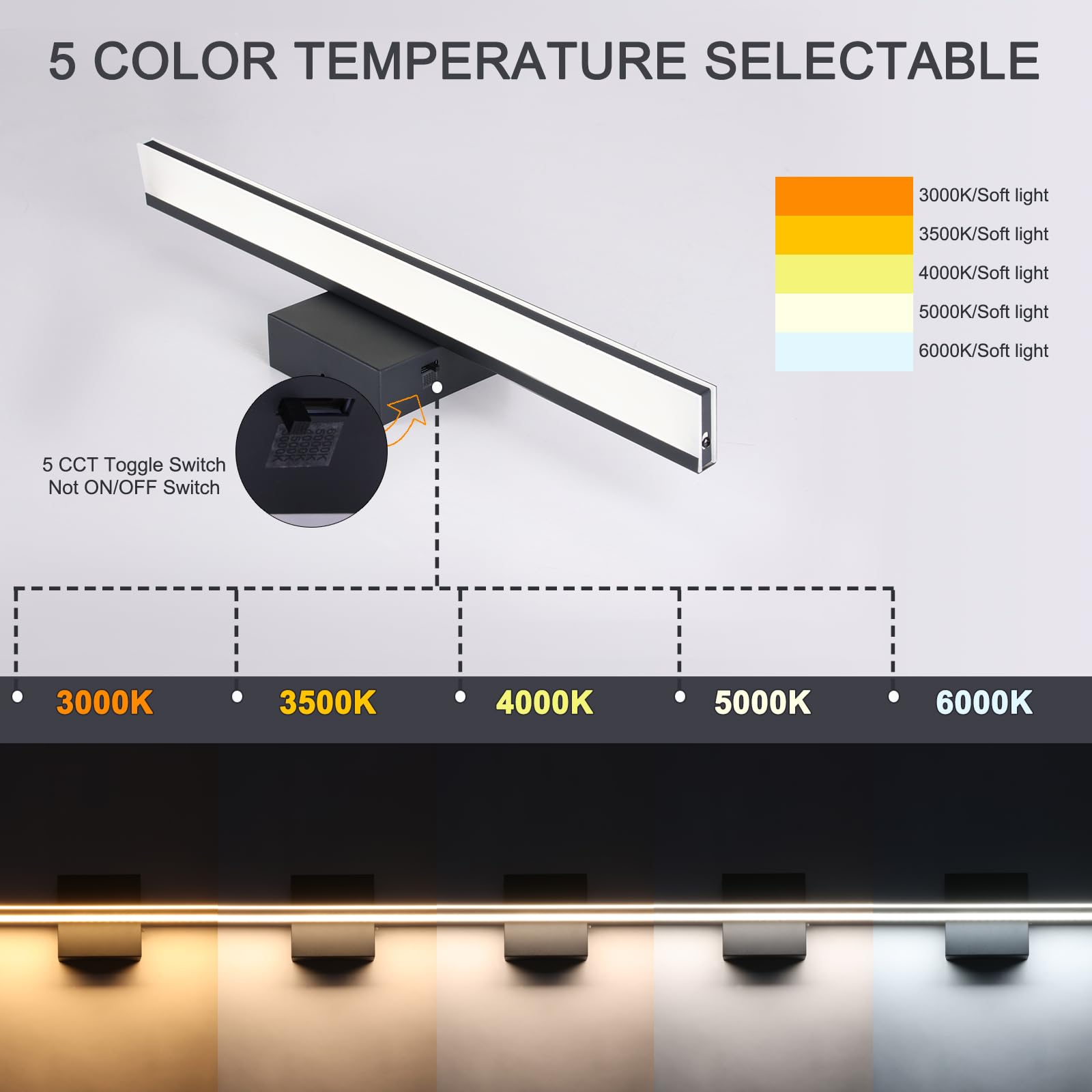 BRIVOLART LED Bathroom Vanity Light Dimmable 5CCT, 15.7 Inch, Black, Acrylic, Model 6420-5CCT