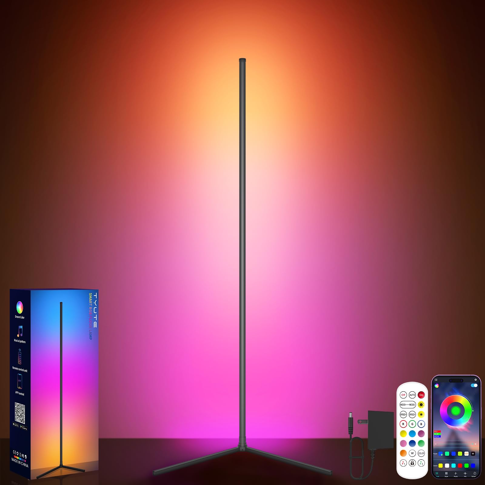 Tyute Floor Lamp, Led Corner Lamp, Rgb Ambient Lighting, Smart Modern Floor Lamp With Remote, Color Changing Dimmable Corner Lig