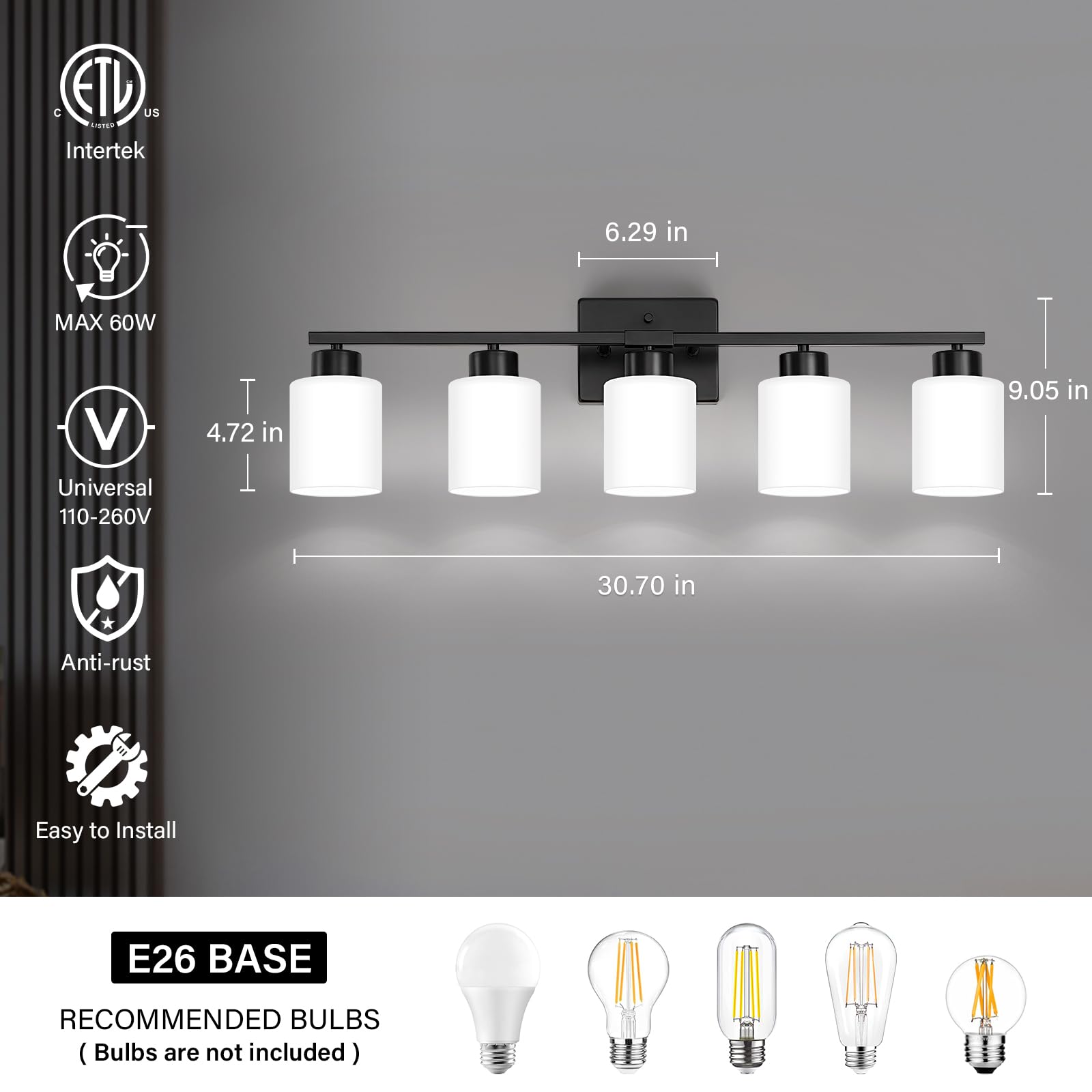 Fonmyim Black Bathroom Light Fixtures, 5-Light Modern Vanity Light Over Mirror, Wall Sconces With Milky White Frosted Glass Shad