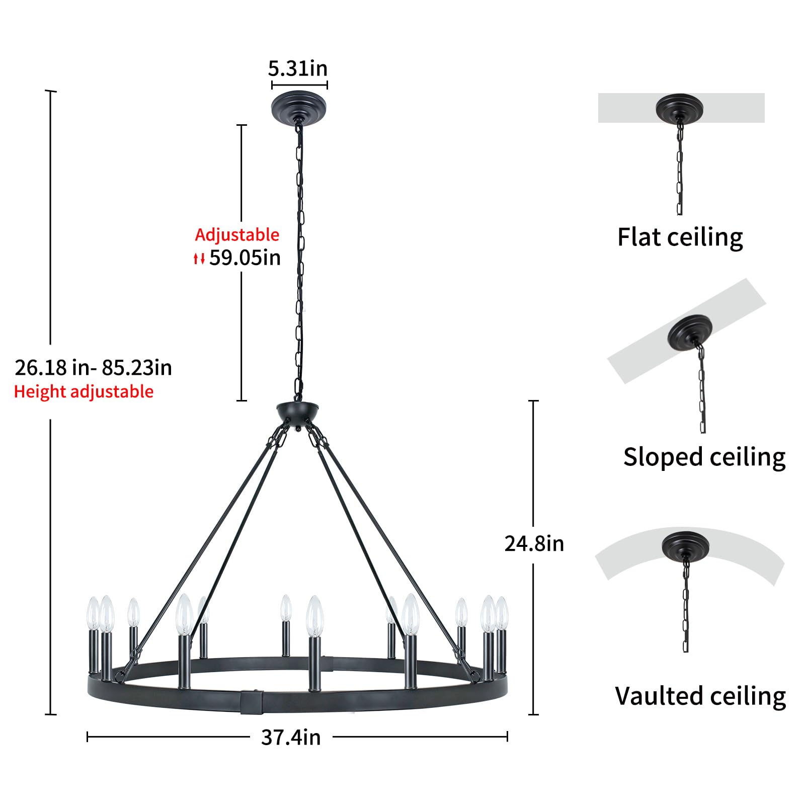 Rviezza Black Wagon Wheel Chandelier 38 Inch, 12-Light Black Round Industrial Farmhouse Chandeliers For High Ceilings Dining Roo