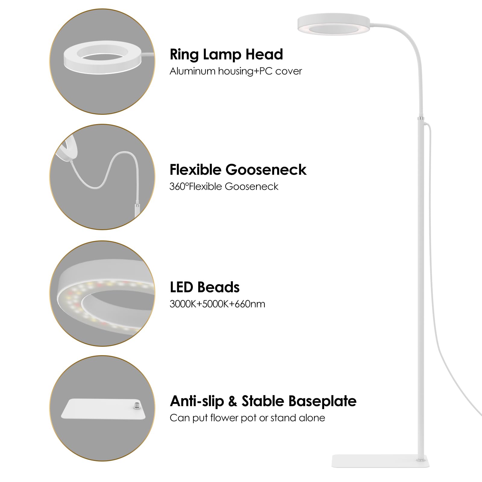 Glowrium Grow Lights For Indoor Plants, 20W Full Spectrum Led Grow Light Floor Lamp With Stand Adjustable Height And Angle, Black Plant Light With 3/9/12H Timer White