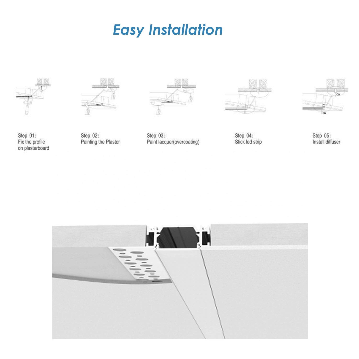 Besseto 20 Pack Plaster LED Aluminum Channel 6.6FT/2M, Silver Drywall LED Diffuser Profile for Wall & Ceiling Lighting