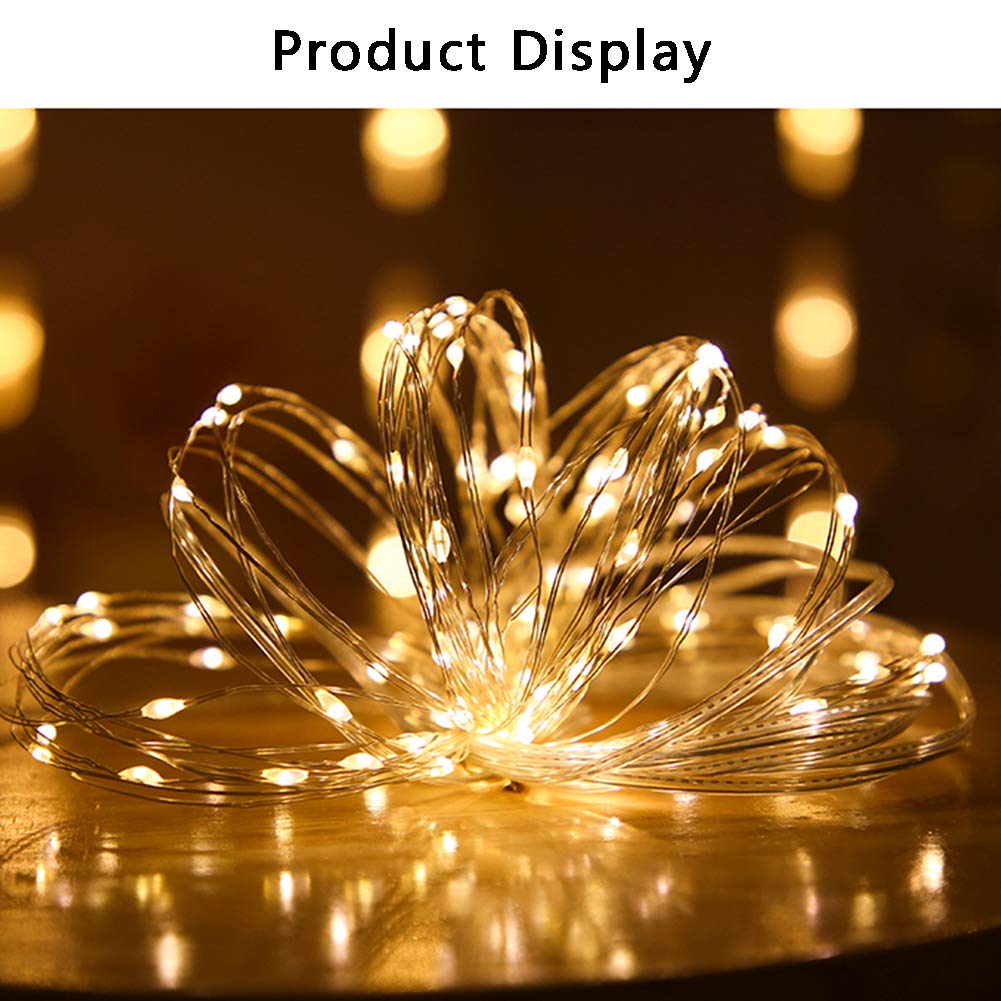 BEEWIN 2 Pack 33ft 100 LED Solar Copper String Lights, Waterproof IP65, 8 Modes, Warm White