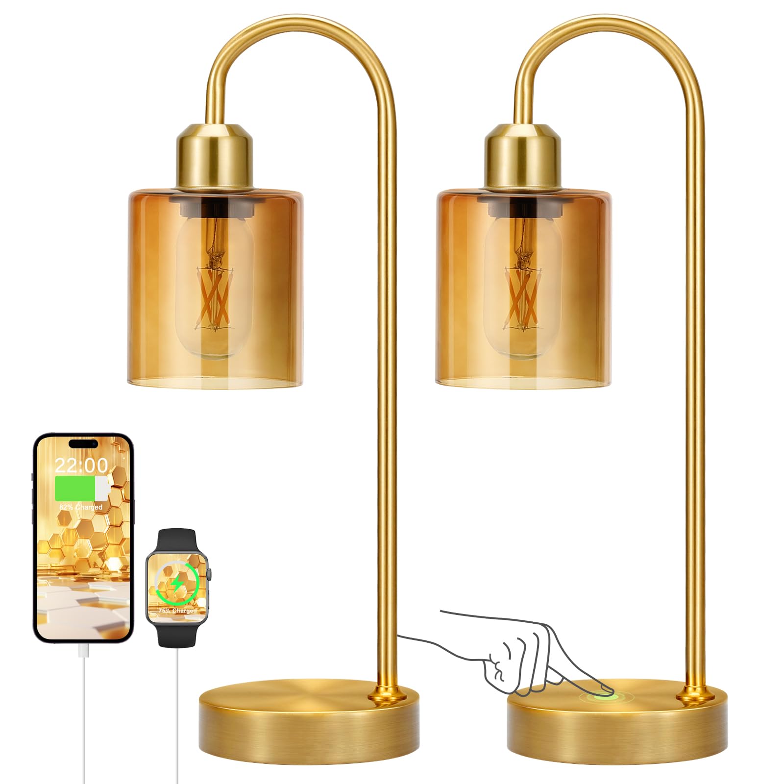 Amber Gold Desk Lamps for Home Office - 3 Way Dimmable Touch Gold Lamp with USB C+A Ports, Nightstand Lamp with Glass Shade,Bedside Table Lamps for Night Stands, Bedroom,Living Room, LED Bulb Included