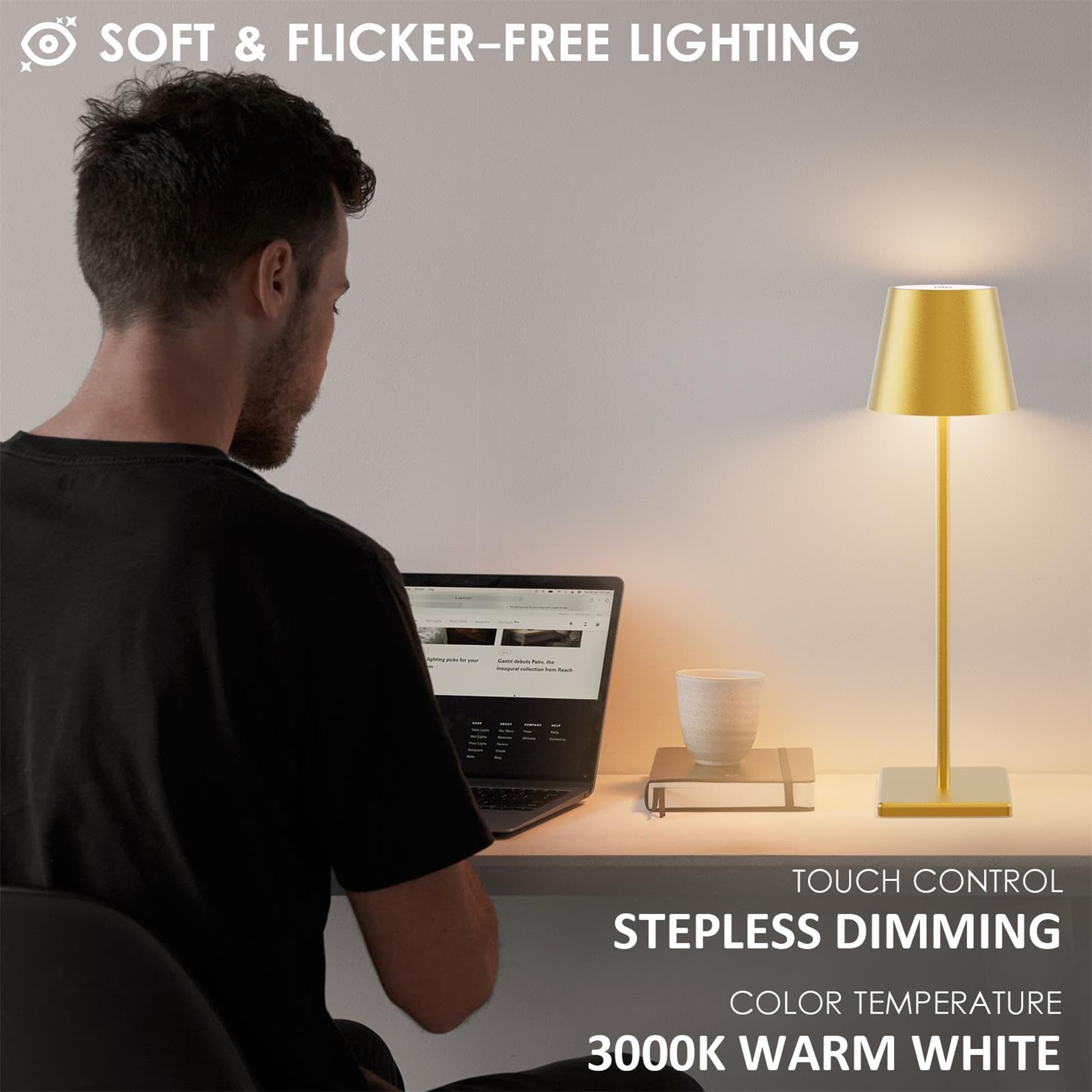 Aoceley 2-Pack Led Cordless Table Lamp 3W 5500Mah Rechargeable Table Lamps Battery Operated Table Light Stepless Dimmable Portab