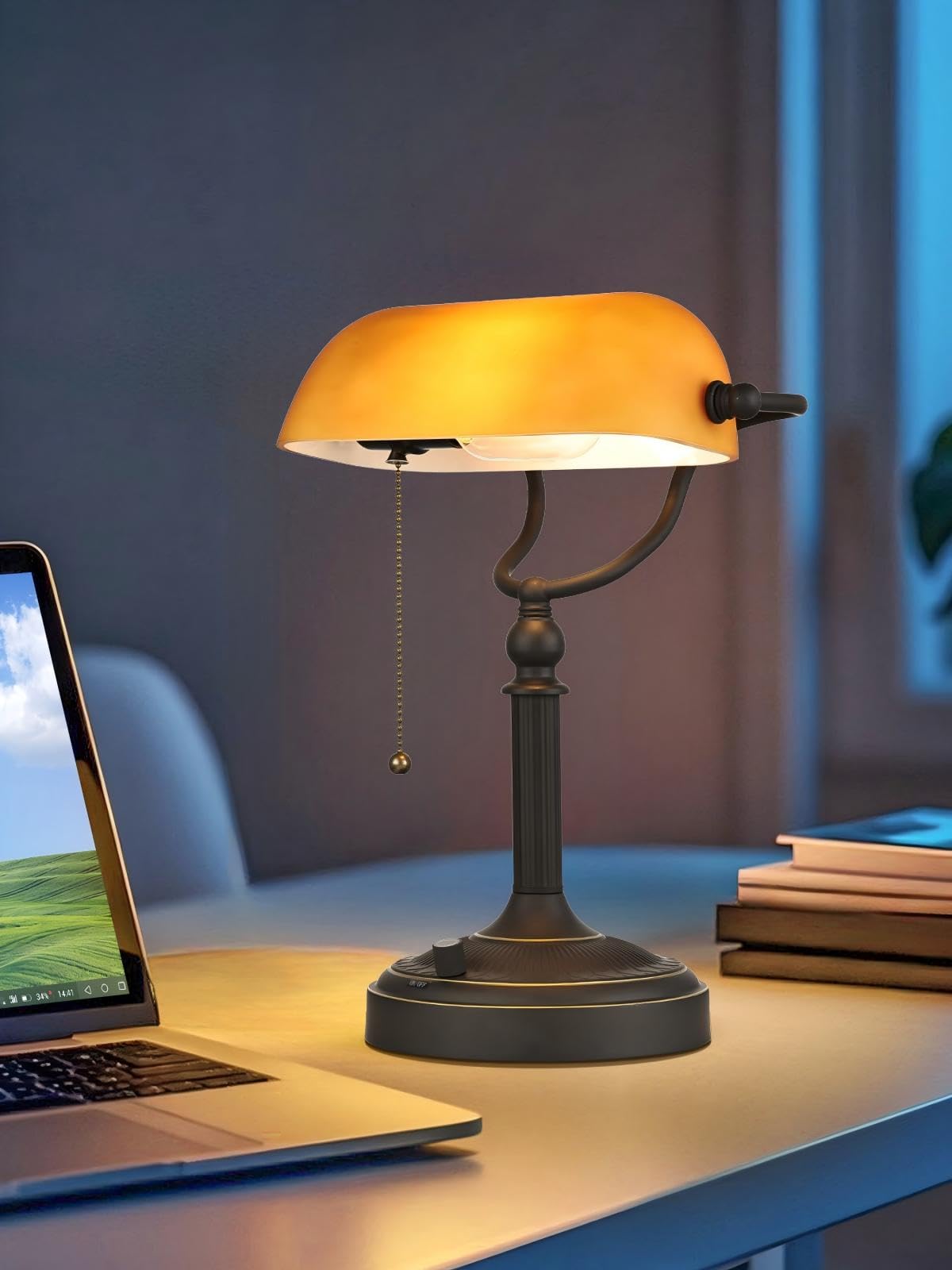 Newrays Dimmable Glass Bankers Desk Lamp T9008, Matted Amber, LED Bulb Included, Perfect for Home Office & Library