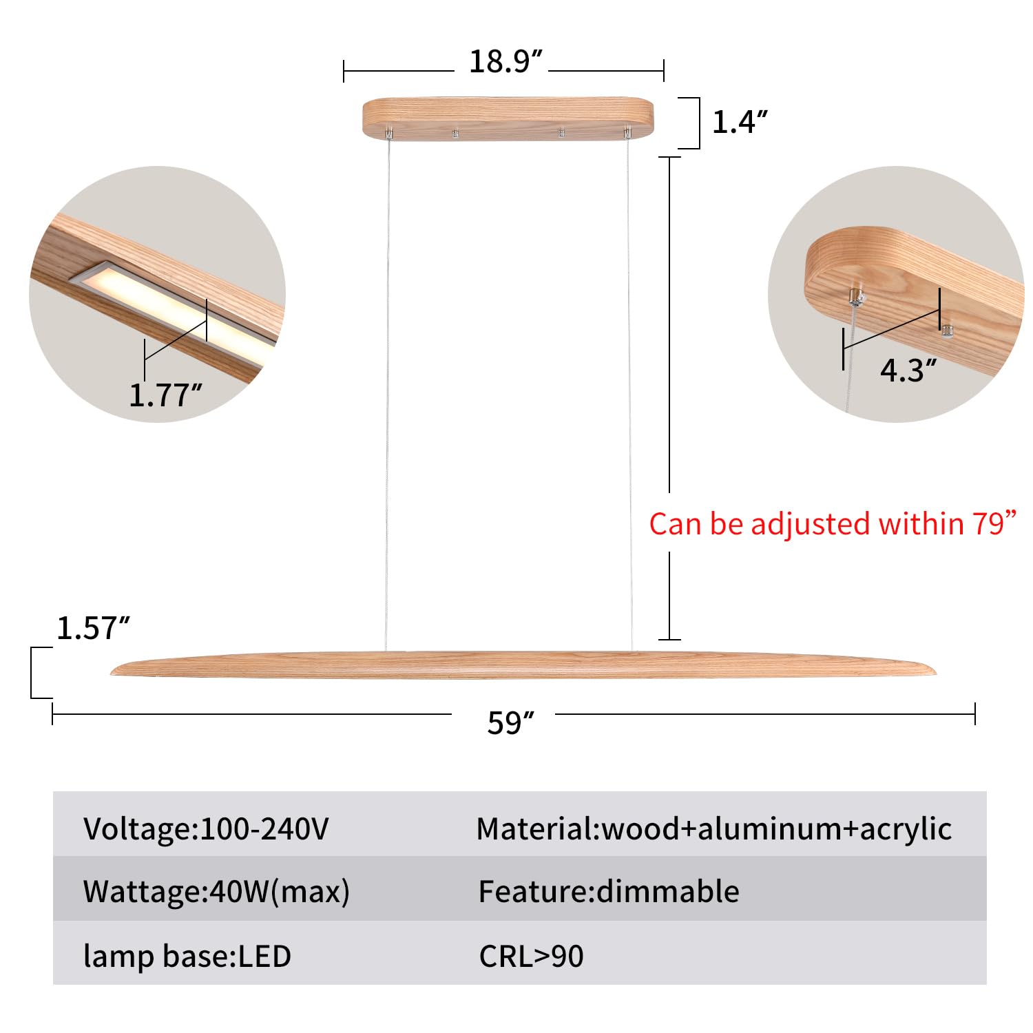 Yisdesign 59'' 40W Wood Led Linear Pendant Light Fixture Led Dining Room Light Dimmable Hanging Light Fixture For Dining Room Ki