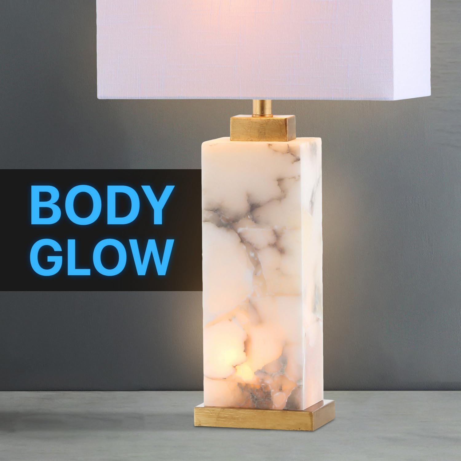JONATHAN Y Elizabeth 27.5" Alabaster LED Table Lamp, White/Gold Leaf, Model JYL6201A, Coastal Contemporary Design for Bedroom and Office