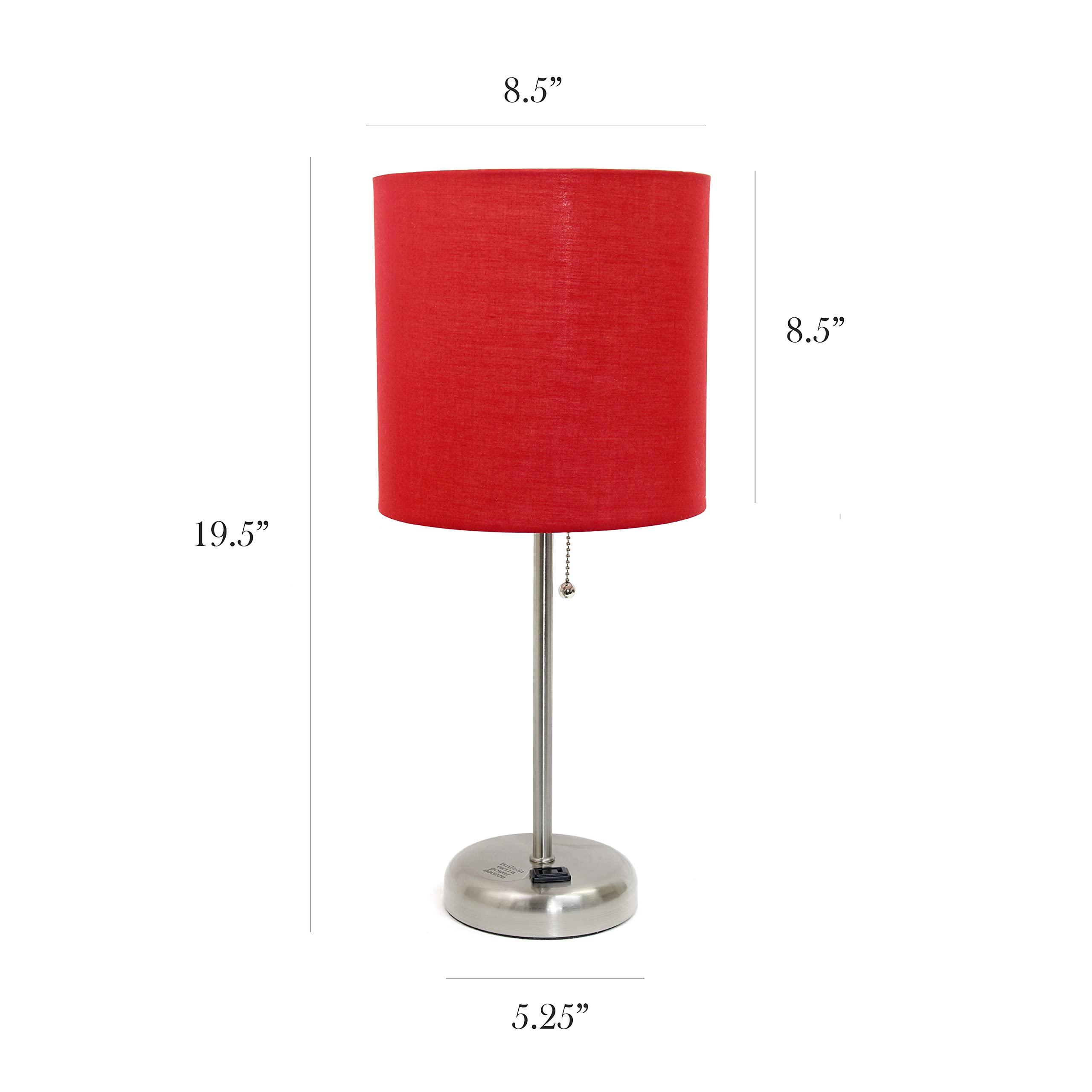 Simple Designs Lt2024-Red Brushed Steel Stick Table Desk Lamp With Charging Outlet And Drum Fabric Shade, Red Shade