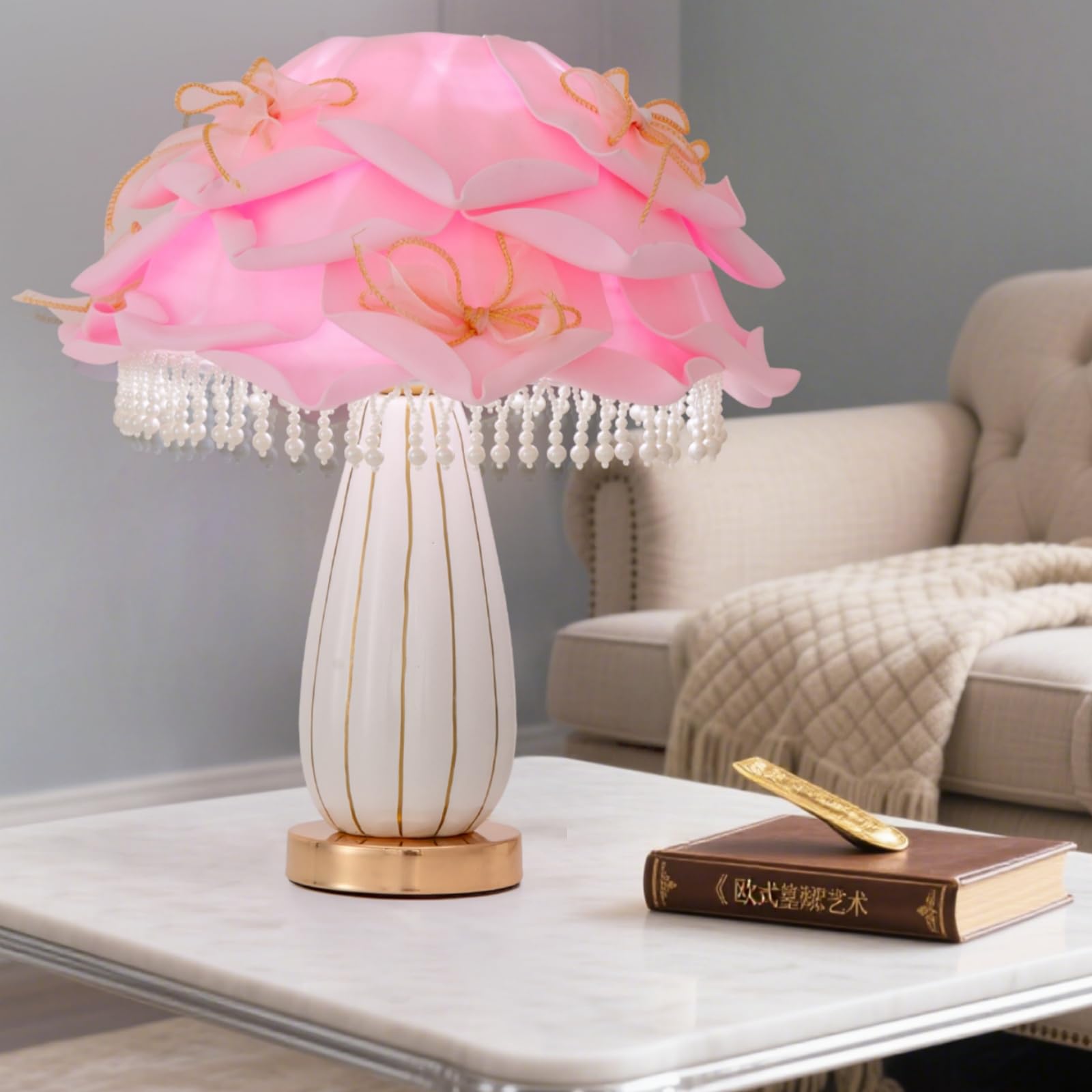 ZYLEISENBAO Pink Flower Lamp Romantic Bedside Lamp Cute Nightstand Light Nordic Bow Table Lamp for Bedroom Living Room Entry Off