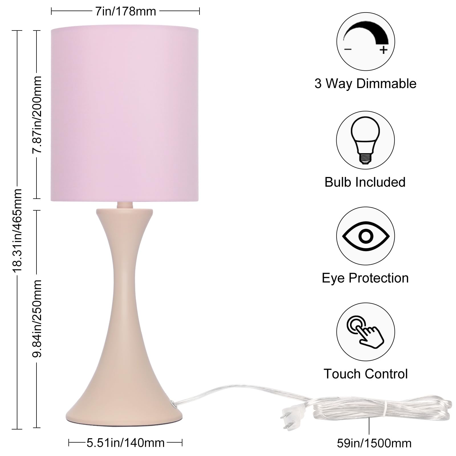 Pink Touch Lamp, 3 Way Touch Control Desk Lamp, Bedside Dimmable Lamp Decorative Nightstand Lamp, Small Night Light For Girls, L