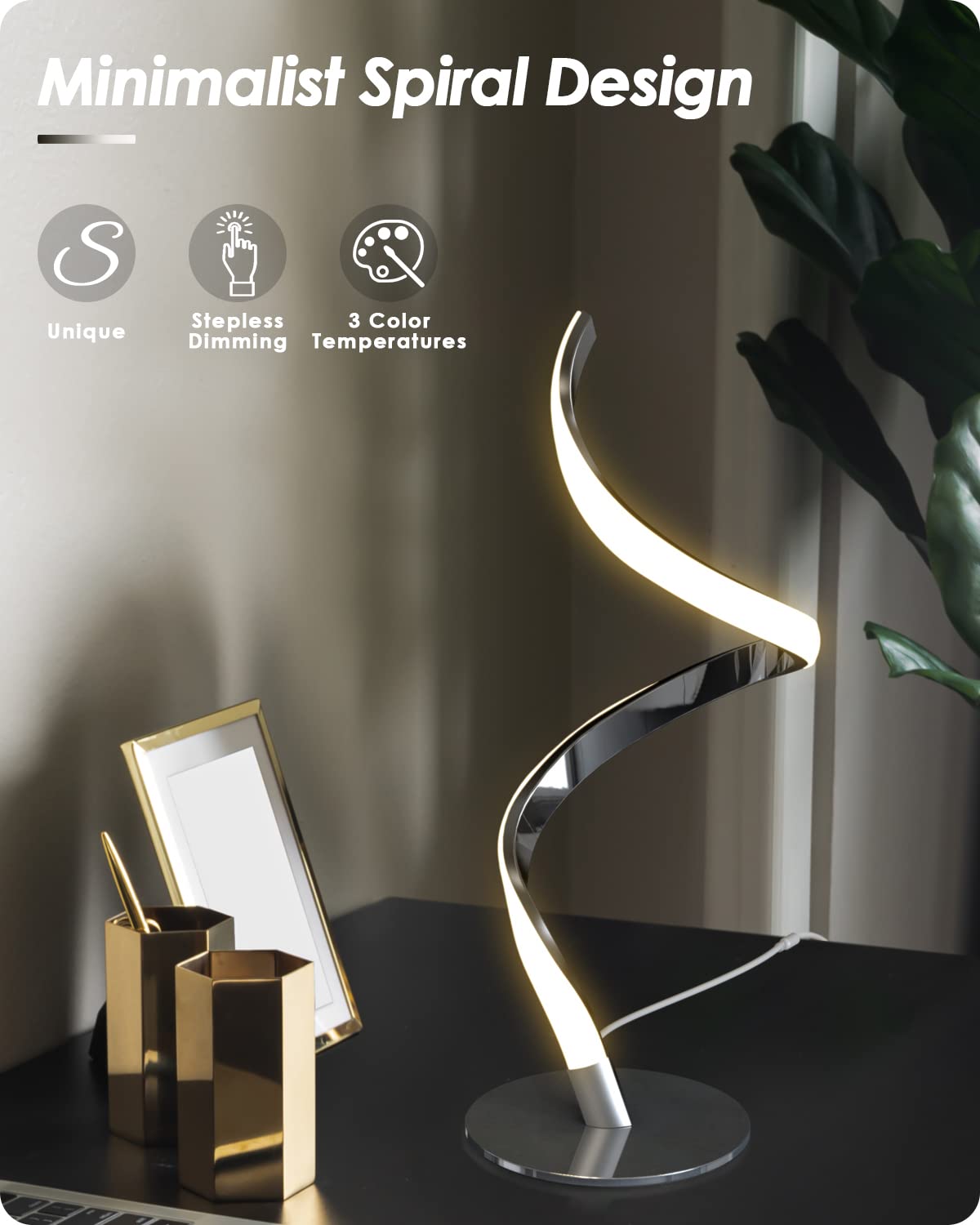 Yarra-Decor Modern Spiral Bedside Lamp - Touch Control LED, Stepless Dimmable, Silver 2 Pack, Model TD-010SPIRAL