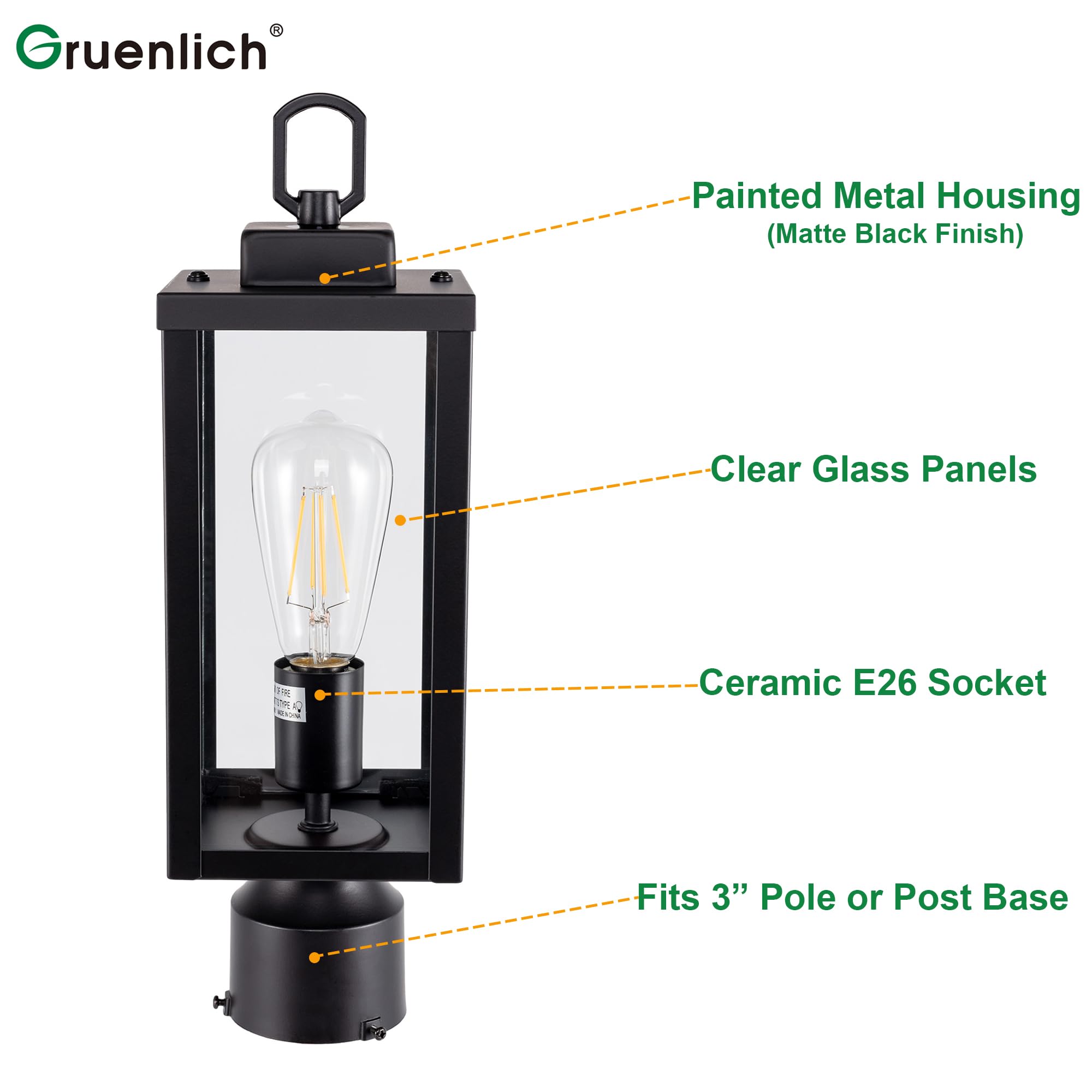 GRUENLICH Outdoor Post Lighting Fixture, E26 Medium Base, Metal Housing, Matte Black Finish, 1 Pack, Model GR-PL002