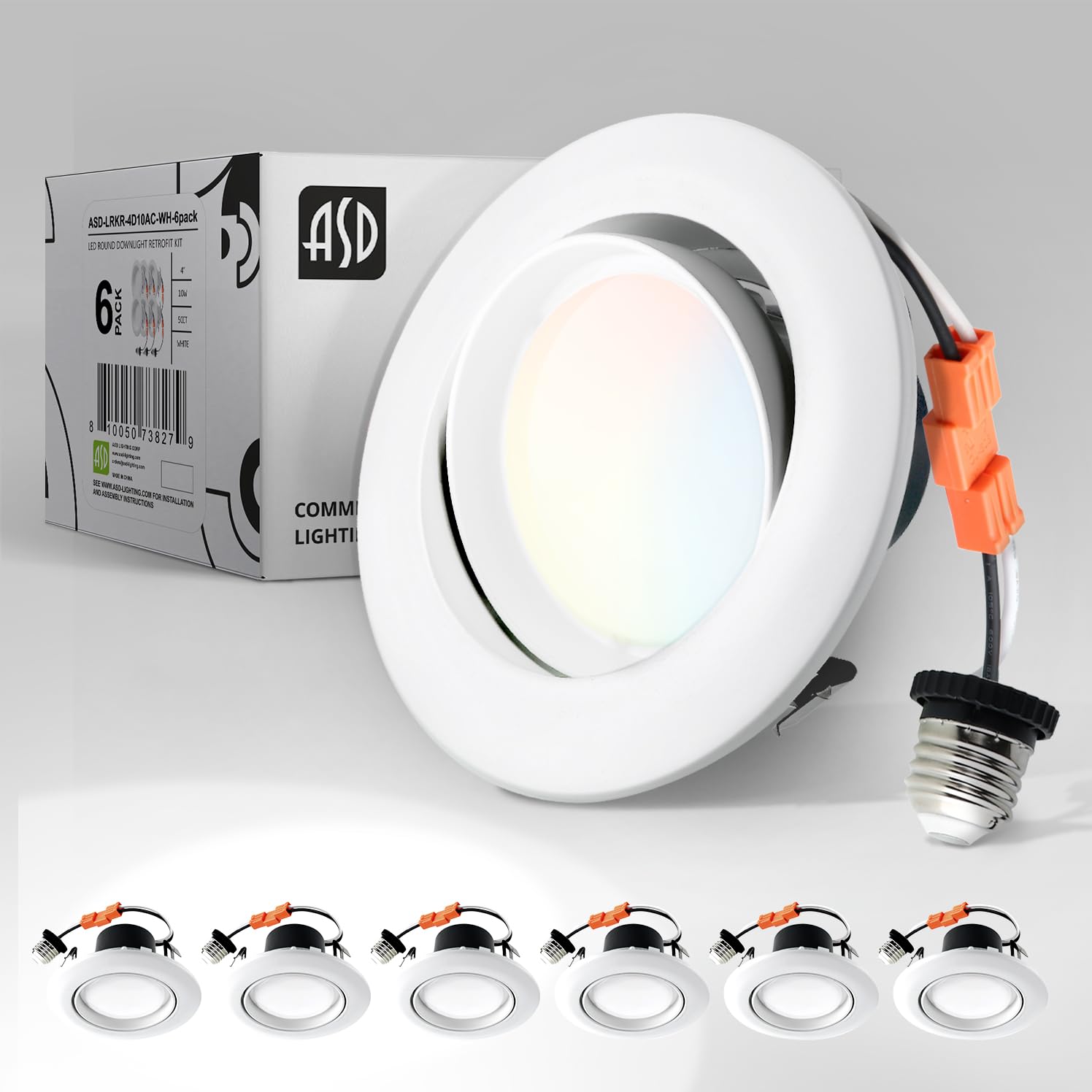 ASD 4 Inch Gimbal LED Recessed Light - Dimmable 10W 860LM, White Trim, Aluminum, 6 Pack
