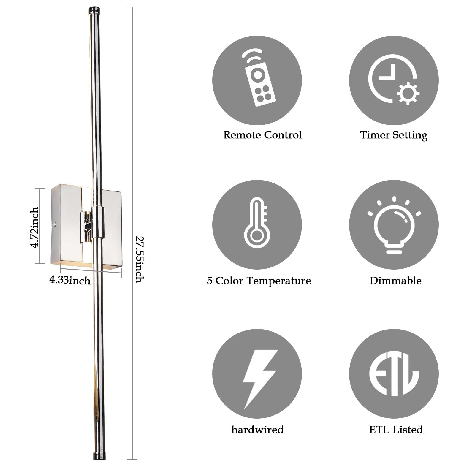 Goosebrite LED Wall Sconces Set of 2, Dimmable, Remote Control, Chrome, Iron