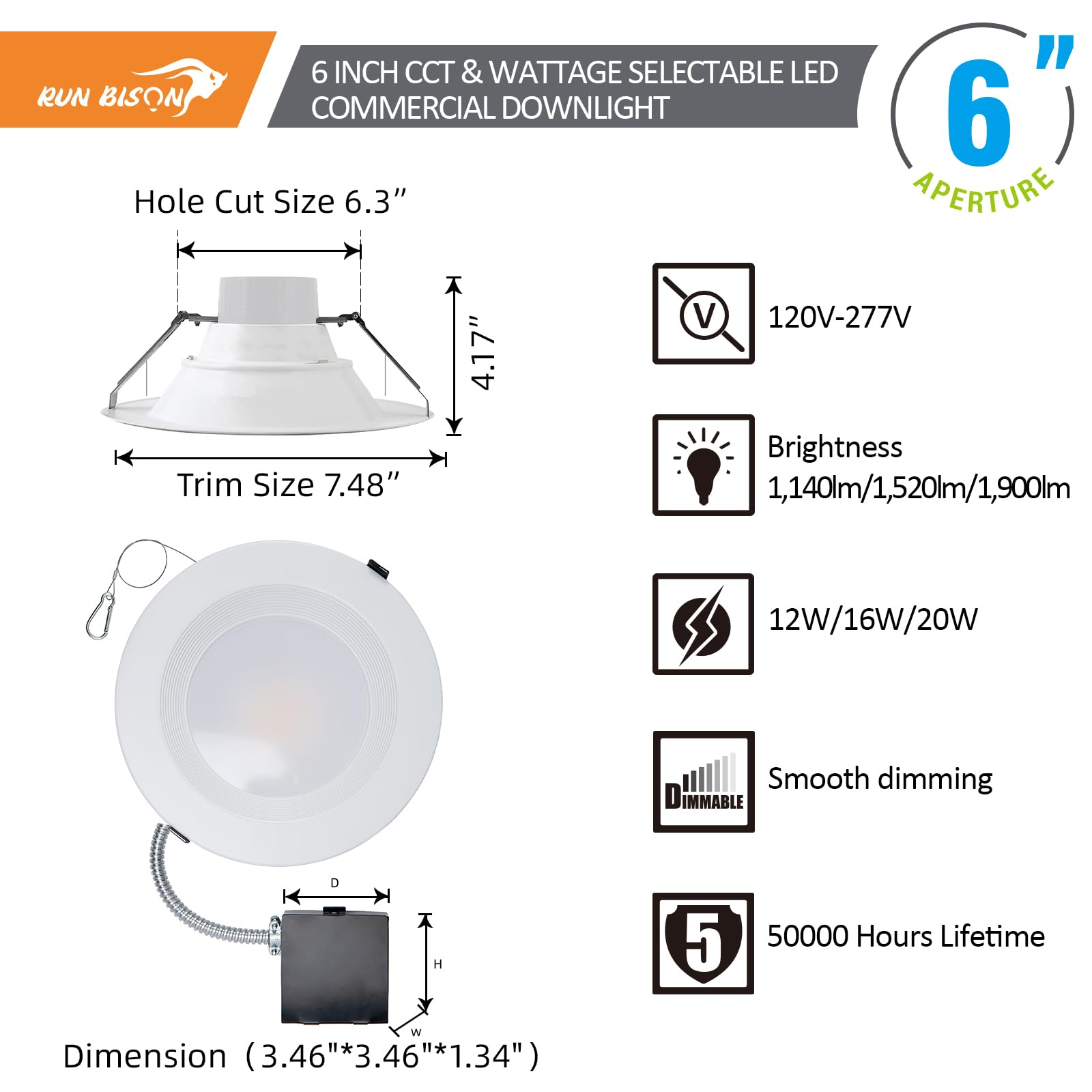Run Bison 6 Inch LED Commercial Downlight, Adjustable 12/16/20W, Dimmable, IC Rated, White, UL Listed, 3000K-5000K Color