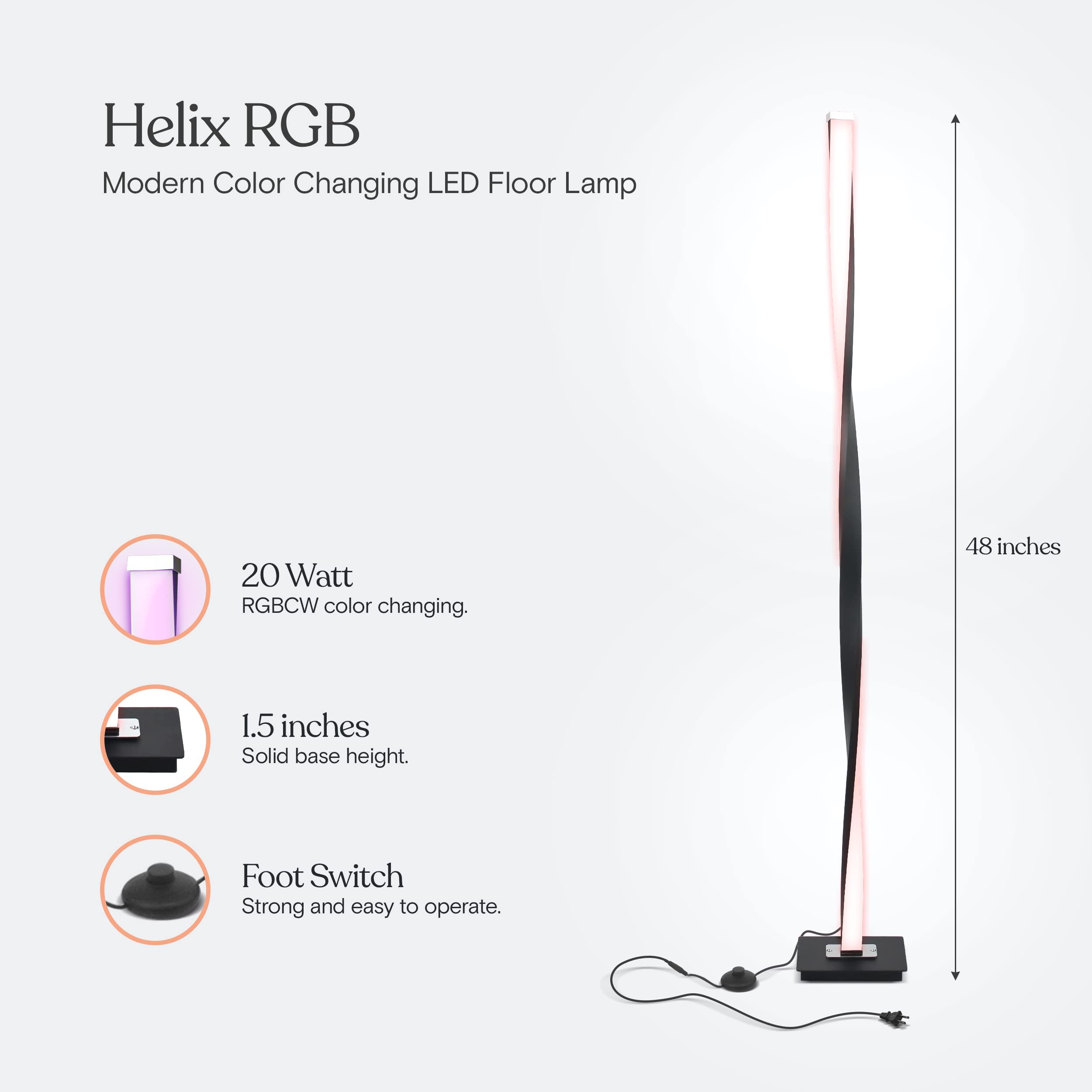 Brightech Helix Modern LED Floor Lamp - 48” Tall, RGB Color Changing, Twisting Column, Black Frame