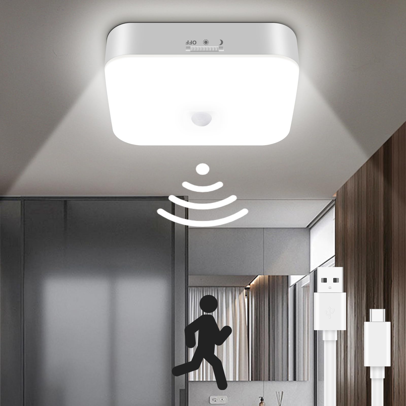 Toowell Rechargeable Motion Sensor Ceiling Light Indoor - 10000Mah Battery Operated Closet Light,500Lm Motion Activated Wireless