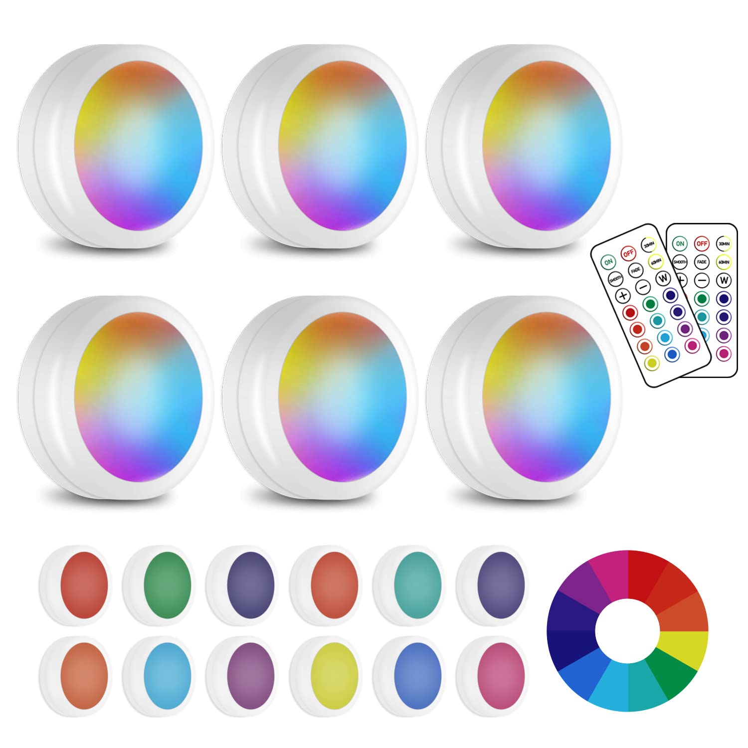 SIXDEFLY LED Puck Lights 6 Pack with Wireless Remote: 13 Color RGB Dimmable Under Cabinet Battery Powered Lights, Ideal for Kitc
