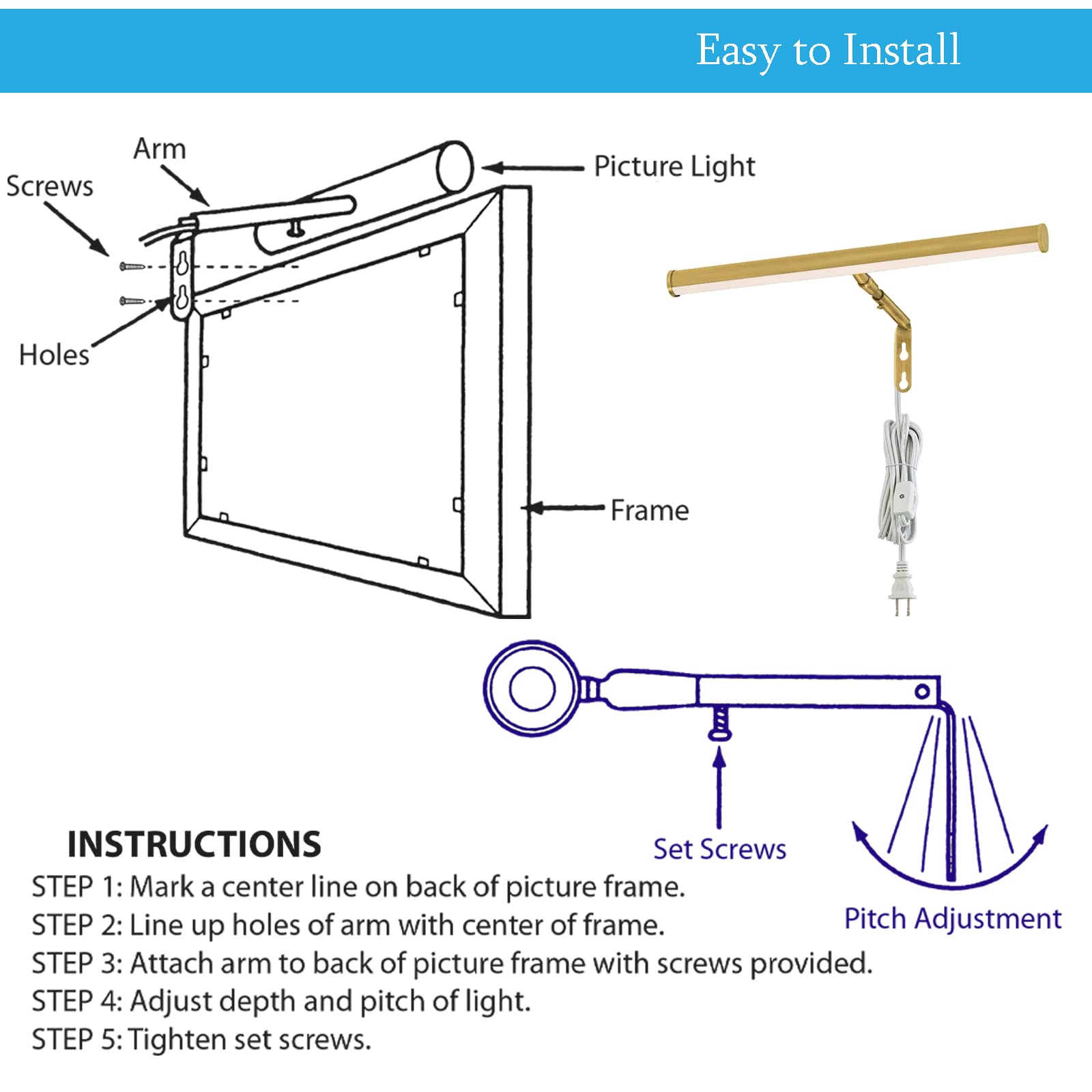 Ciata Picture Light 14-Inch Adjustable LED Art Light Polished Brass E12 Candelabra Base Model 817354029331