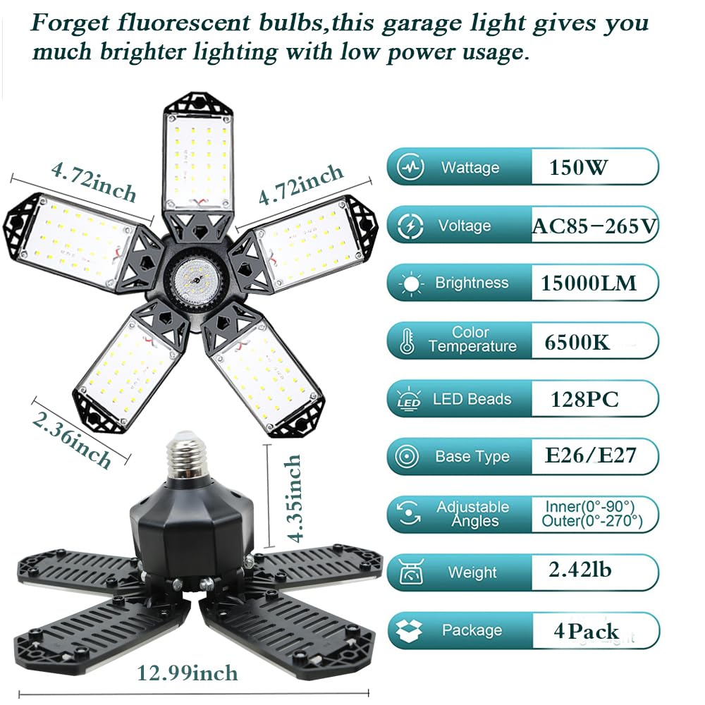 160W Led Garage Light 4Pack, 16000 Lumen Ceiling Lights With 5+1 Adjustable Panels, 6500K Daylight Light Bulb Fixture Led Lights
