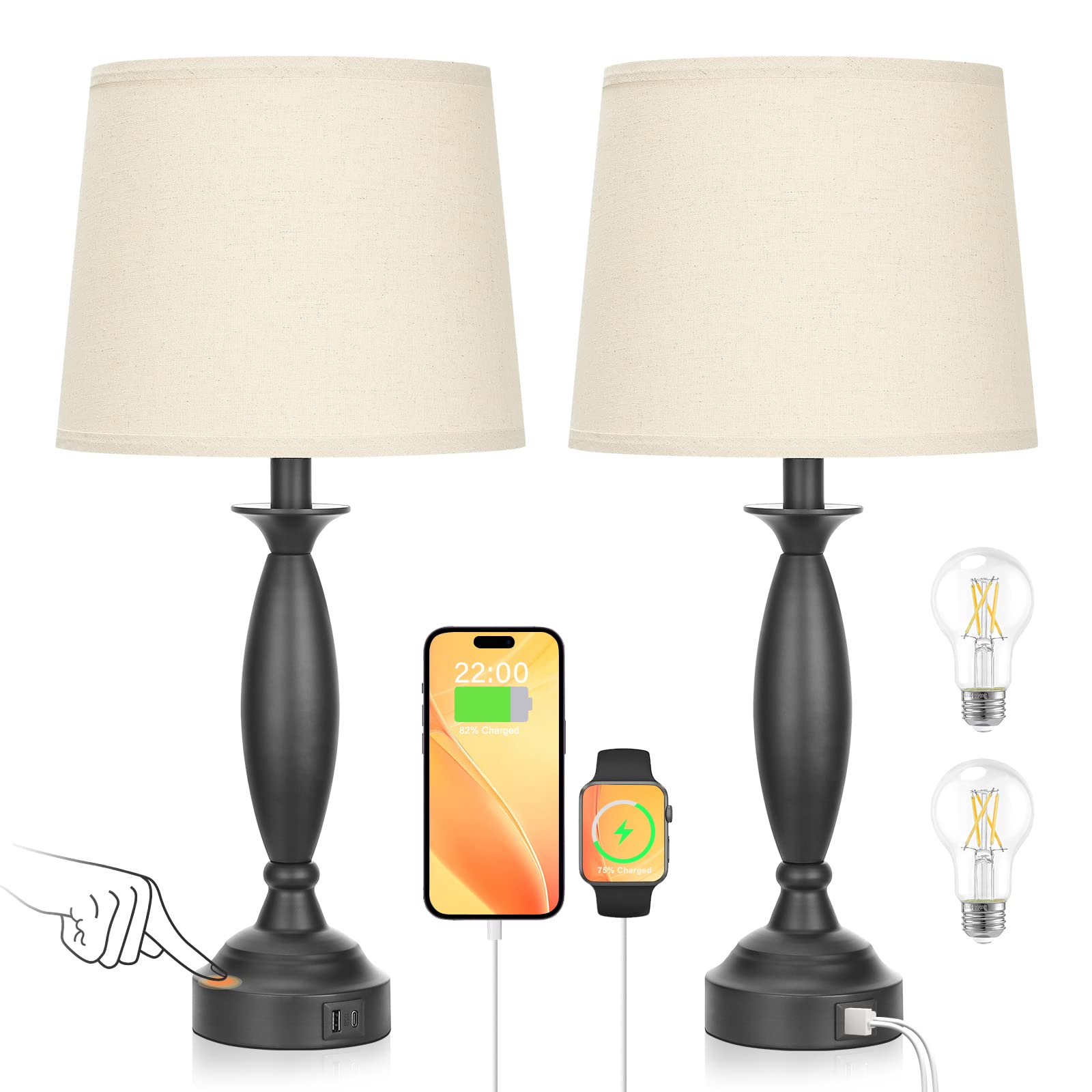 Beige Lamps for Bedrooms Set of 2 - Touch Control Bedside Lamp with USB C+A, 3 Way Dimmable Nightstand Lamps with USB Port, Tabl