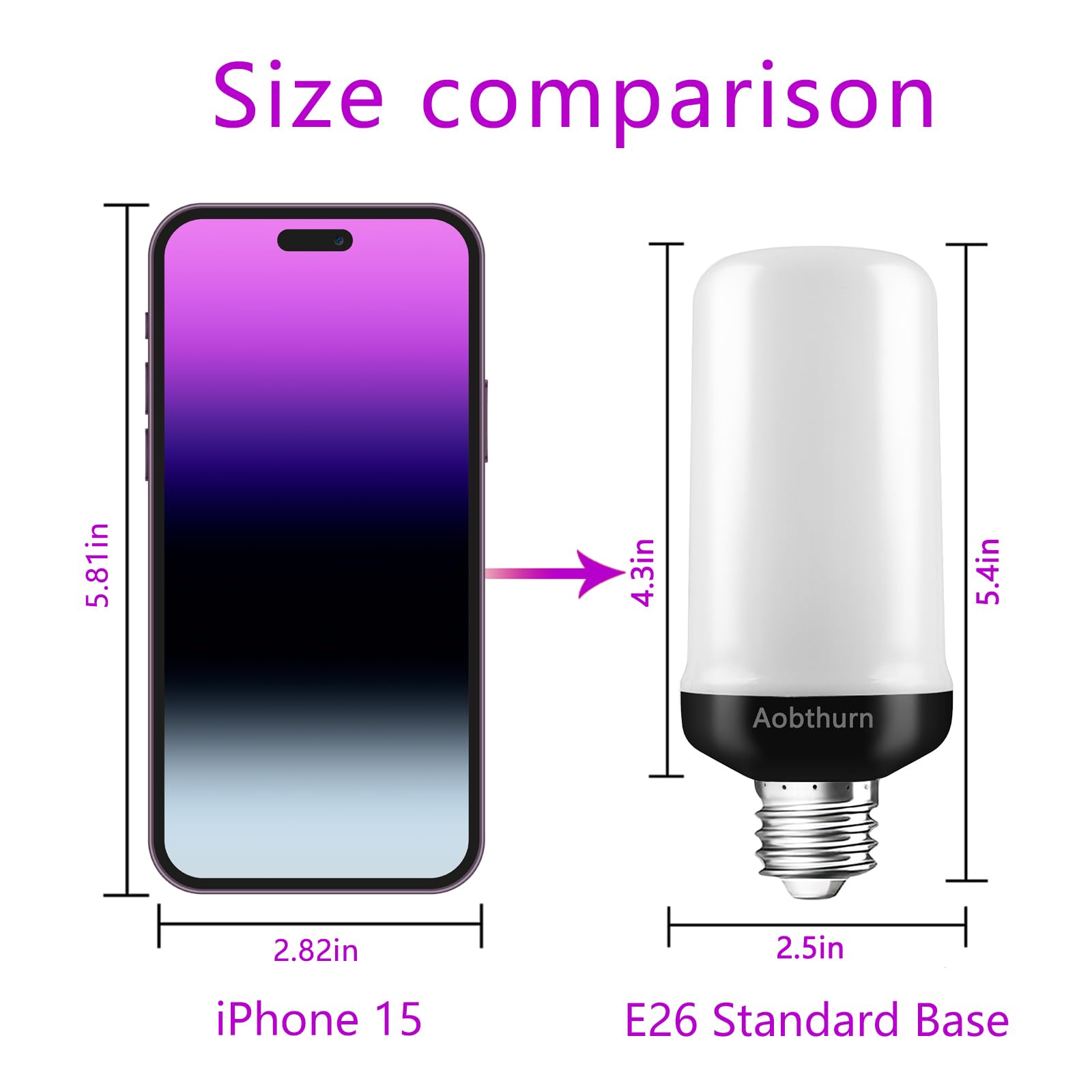 aobthurn LED Flame Light Bulbs, 4 Modes Flickering Effect, E26 Base, Gravity Sensor, Purple-2 Pack, Model AF240301A
