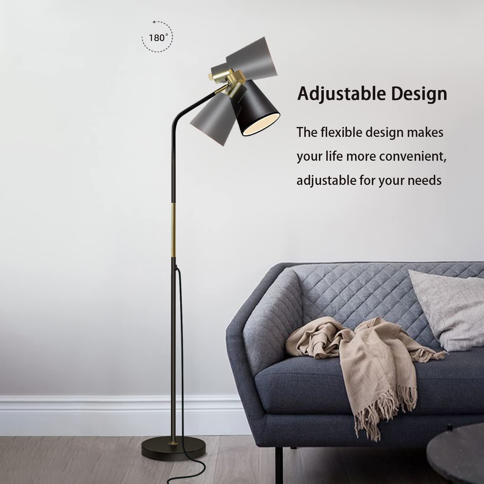 LALISU Industrial Floor Lamp - Adjustable Metal Heads, Rustic Black Reading Light for Living Room, Bedroom & Office Décor