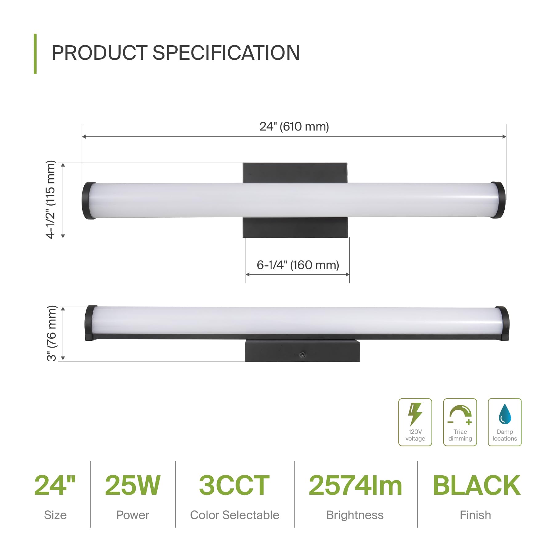 ASD LED 24 Inch Wall Mount Vanity Lighting Fixture | 25W 2600LM 3000K-5000K 120V | 3CCT, Dimmable, Energy Star, ETL Listed | Bat