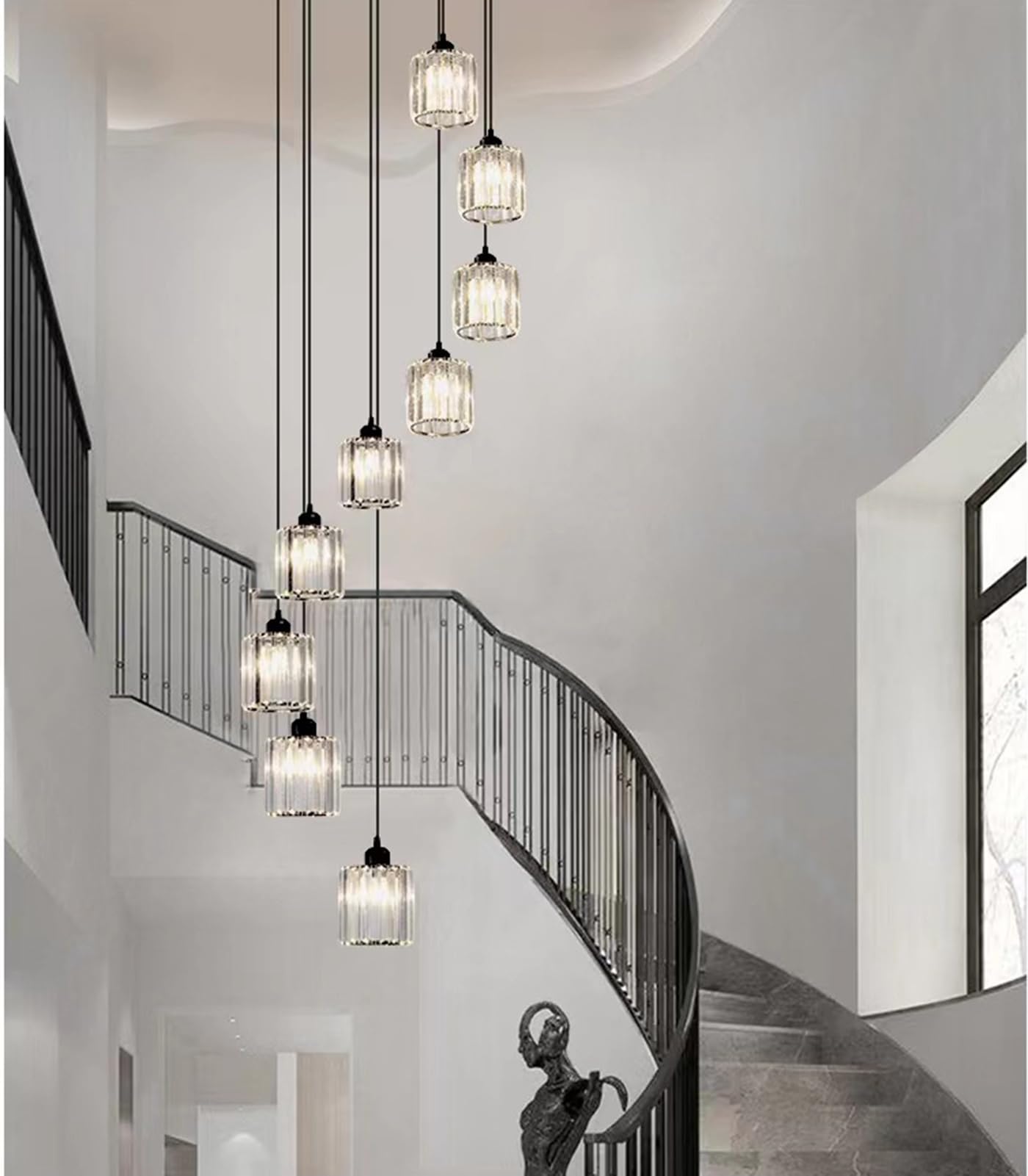 Meimond Modern Crystal Pendant Light, 8 Lights, Black Metal Raindrop Chandelier for High Ceilings, Foyer, Living Room, Model LTD-10