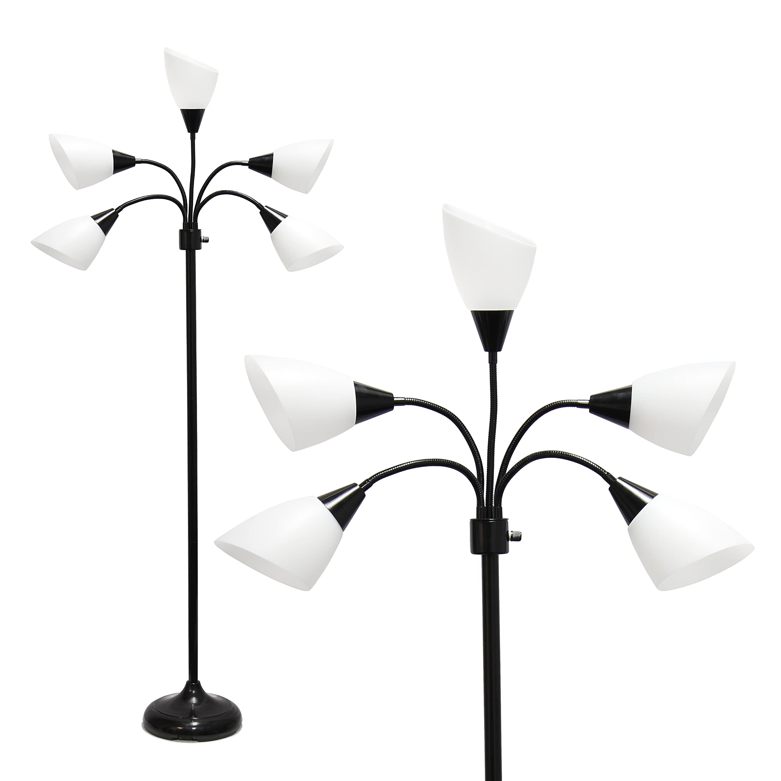 Simple Designs Lf2006-Baw 67&quot; Contemporary Multi Head Medusa 5 Light Adjustable Gooseneck Black Floor Lamp With White Shades For Kids Bedroom Playroom Living Room Office