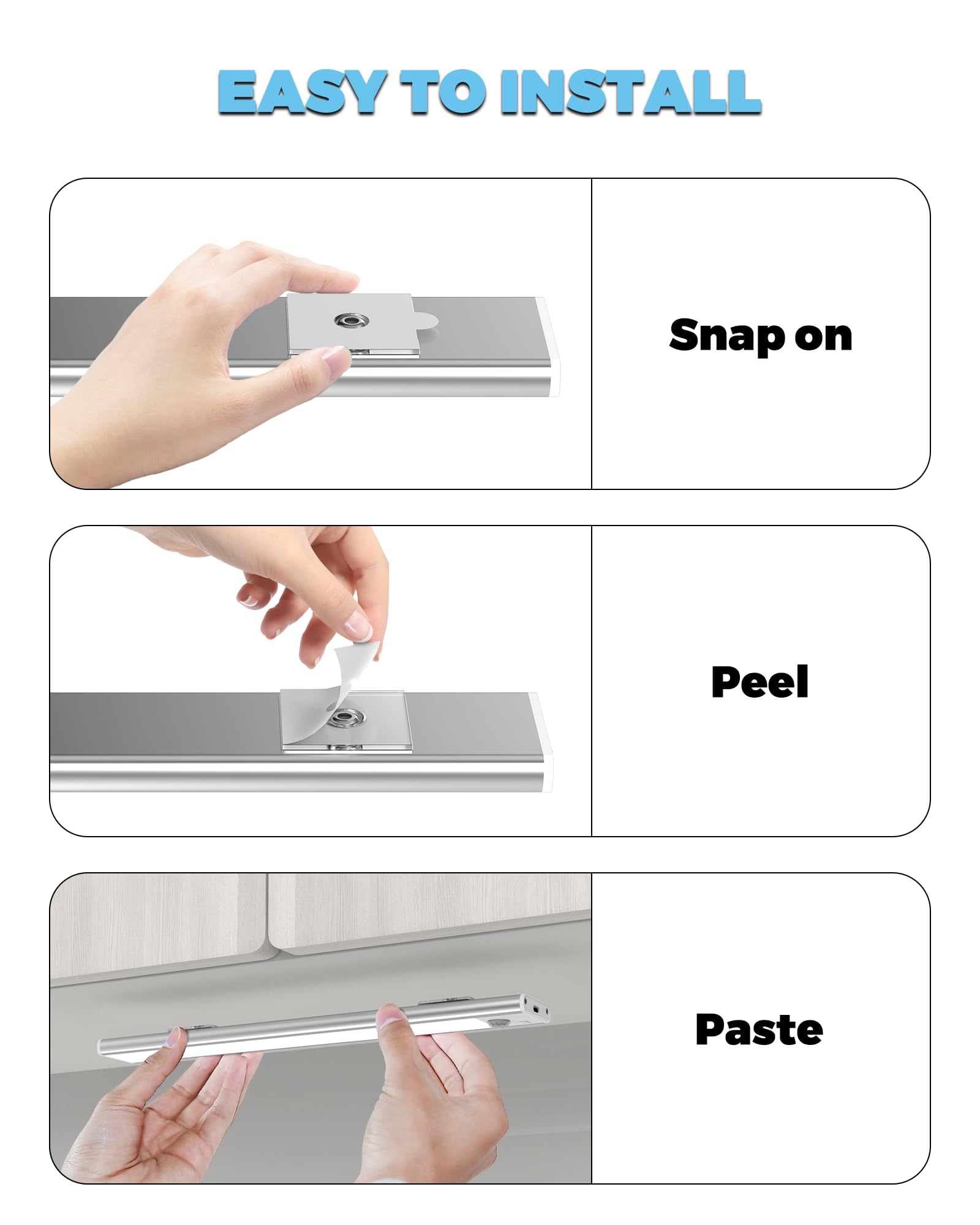 ASOKO Motion Sensor Under Cabinet Lights - 3 Pack, 12 inch, Rechargeable LED, Wireless, White Light, Model MONI-S