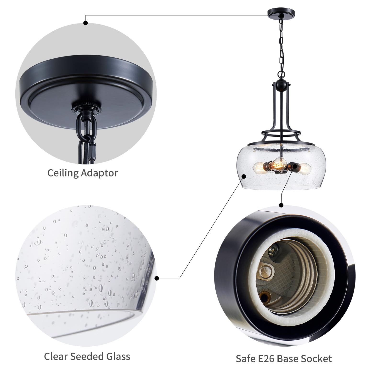 Wuzups Rustic Industrial Chandelier Pendant Light, 3-Light, Clear Seeded Glass, Black, 20.9&quot; H