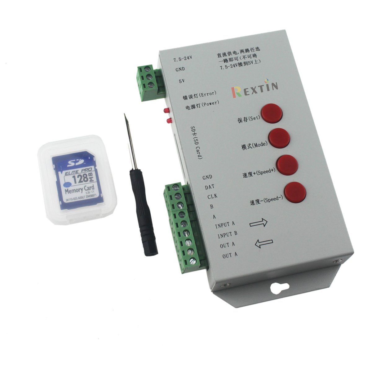 REXTiN T1000S LED RGB Pixel Controller DC5V/DC7.5-24V for WS2811/2801/LPD8806, Plastic, RGB Color
