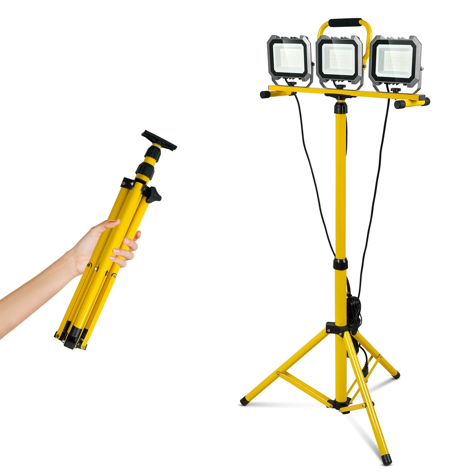 15000LM Work Lights with Stand, IP66 Waterproof 6000K LED Work Light with Foldable Tripod Stand, 3 Head Portable Work Light with