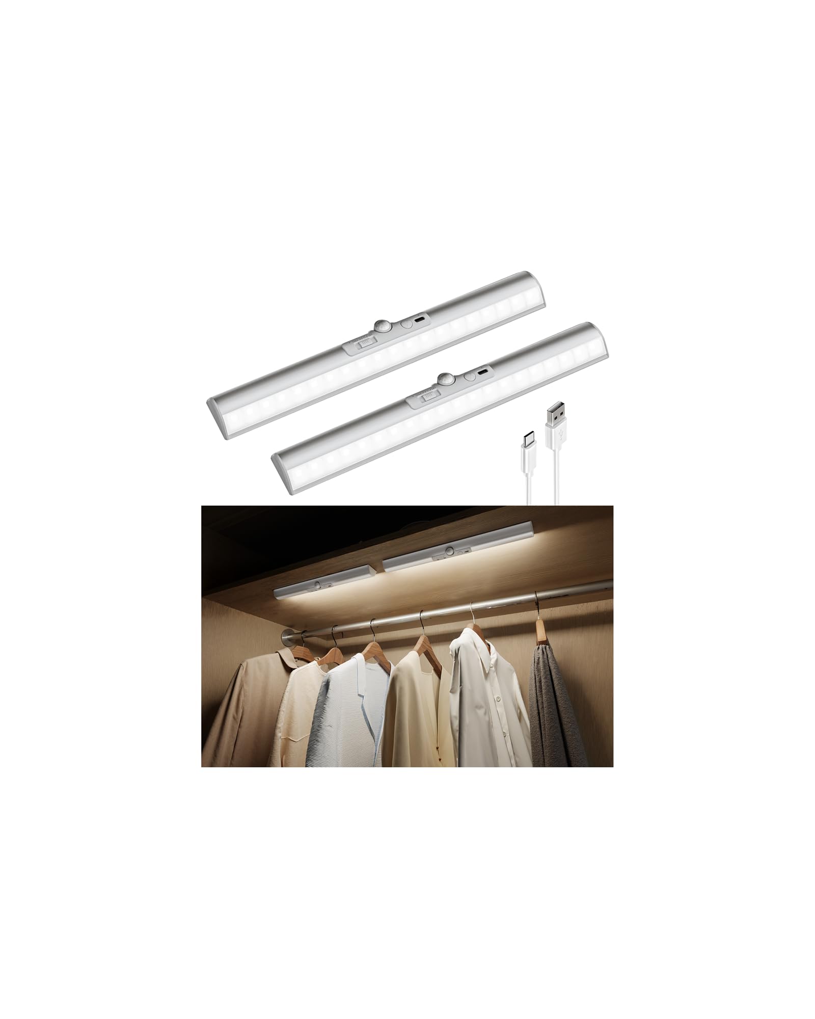 EZVALO 15in Closet Lights with Rotatable Motion Sensor, Rechargeable Under Cabinet Lighting, No-Glare Curved Design, 3 Color Tem