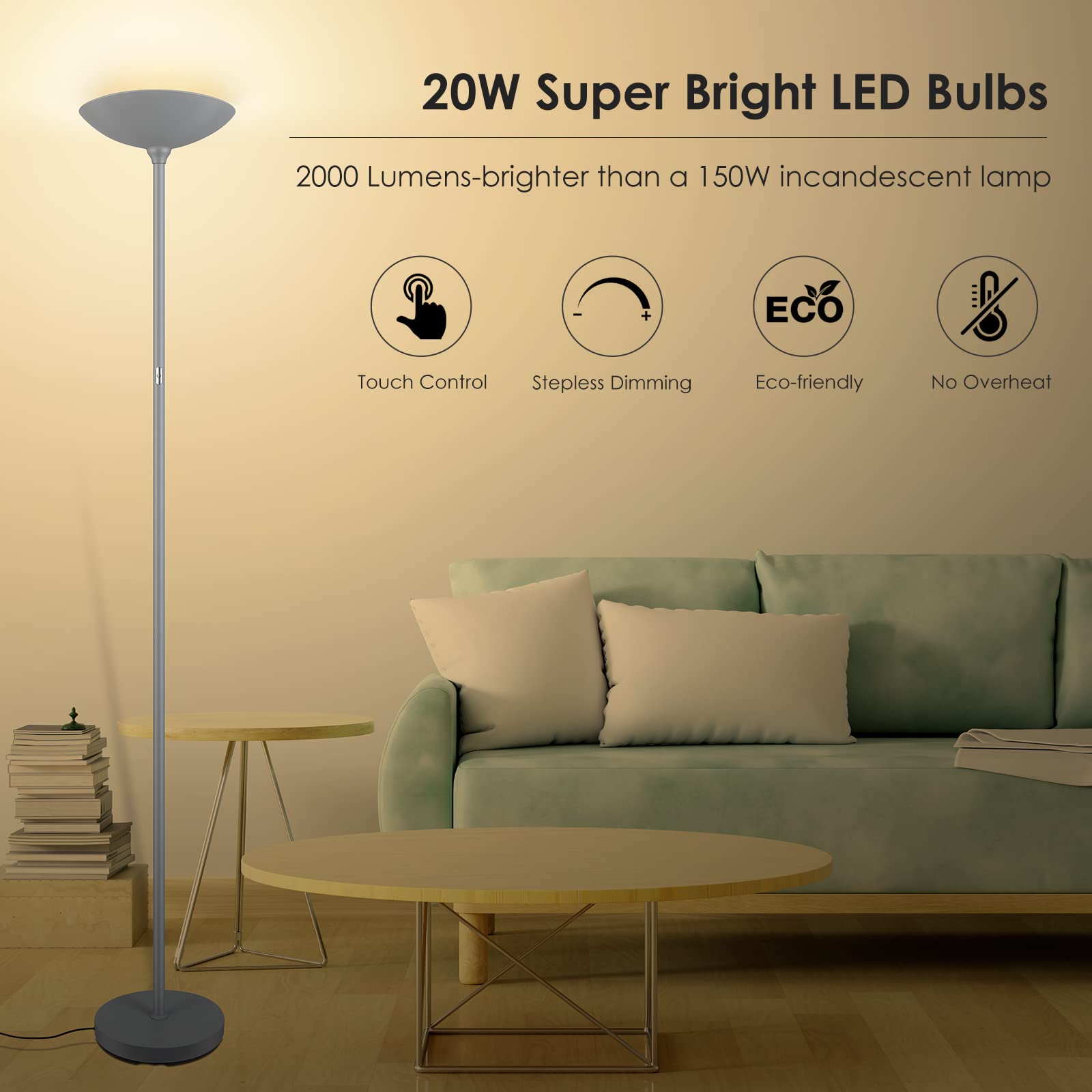 Floor Lamp, Standing Lamp, 20W 2000Lm Led Torchiere Floor Lamp, Stepless Dimmable, Touch Control, 3000K Daylight, 50000Hrs Lifes