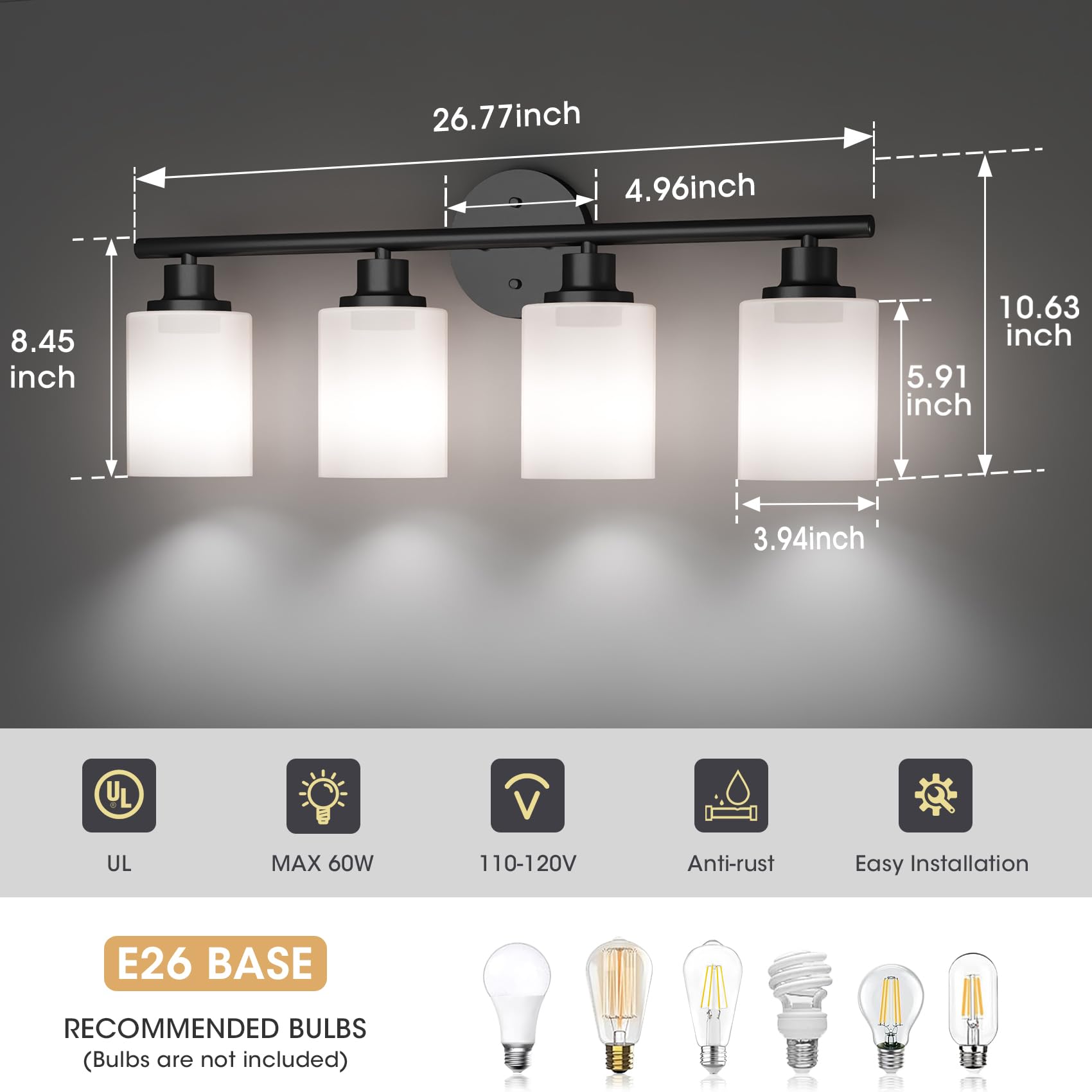 Weyderk Black Bathroom Vanity Light - 4-Light Bathroom Light Fixtures With White Glass Shades, Ul Certification & E26 Base Bathr